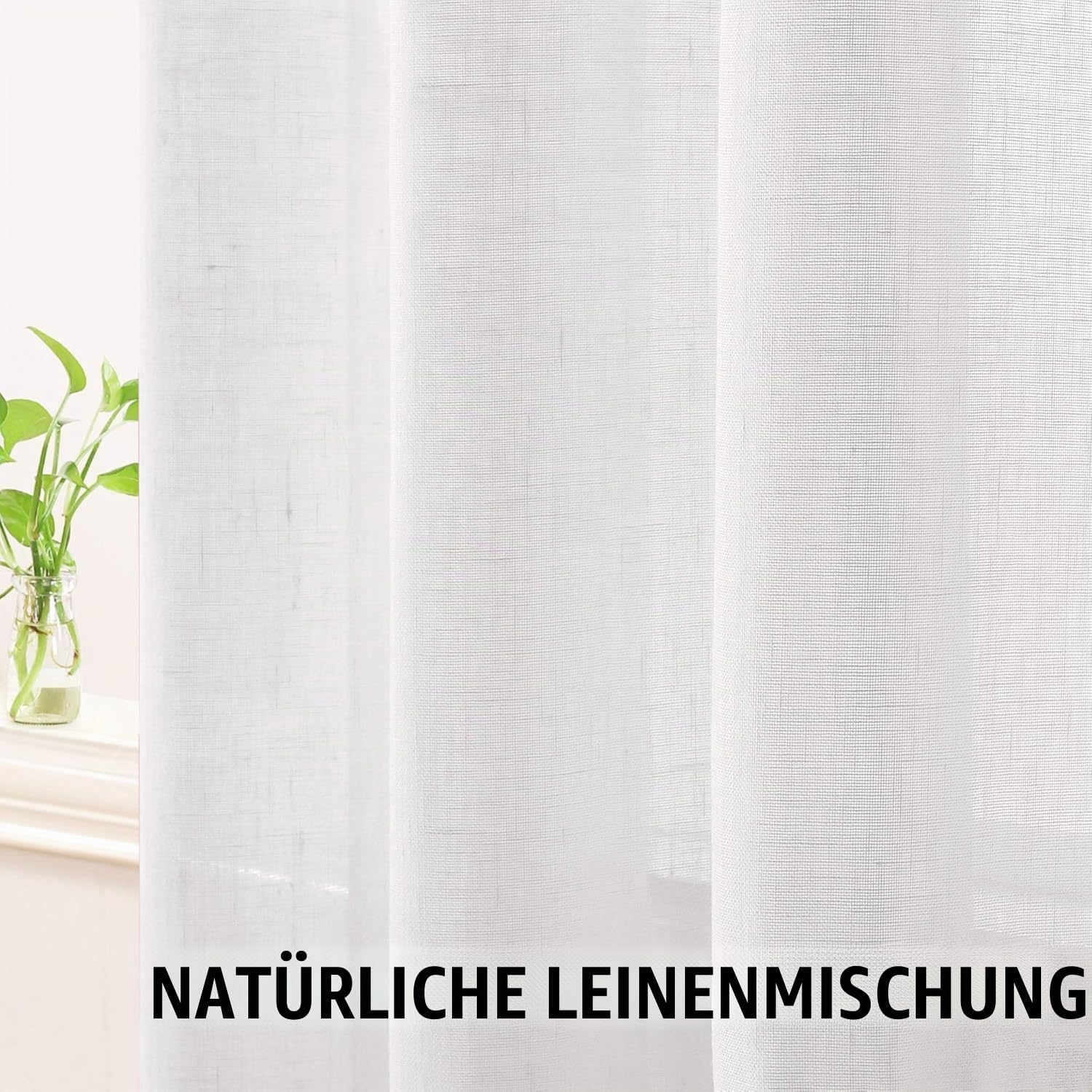 Detalle de BellaHills Gardinen Leinenoptik Kurz Vorhänge – Leinenstoff, Halbtransparent, Weiß, 2er Set (145x140 cm)