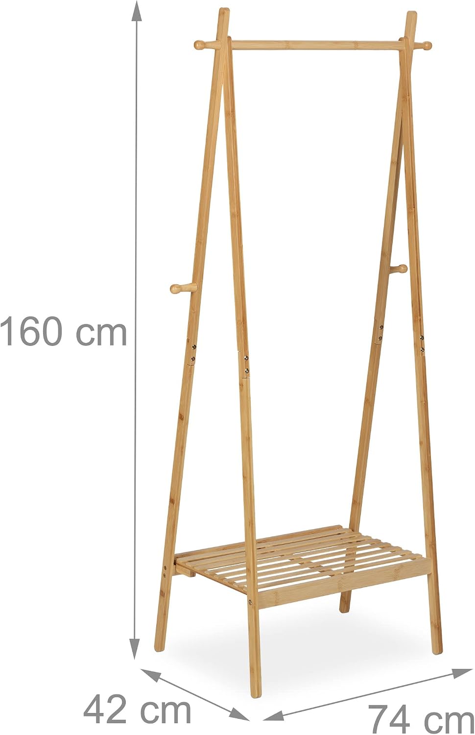 Detalle 2 de Relaxdays Bamboo Clothes Rack, foldable rail with shelf and 4 hooks, brown