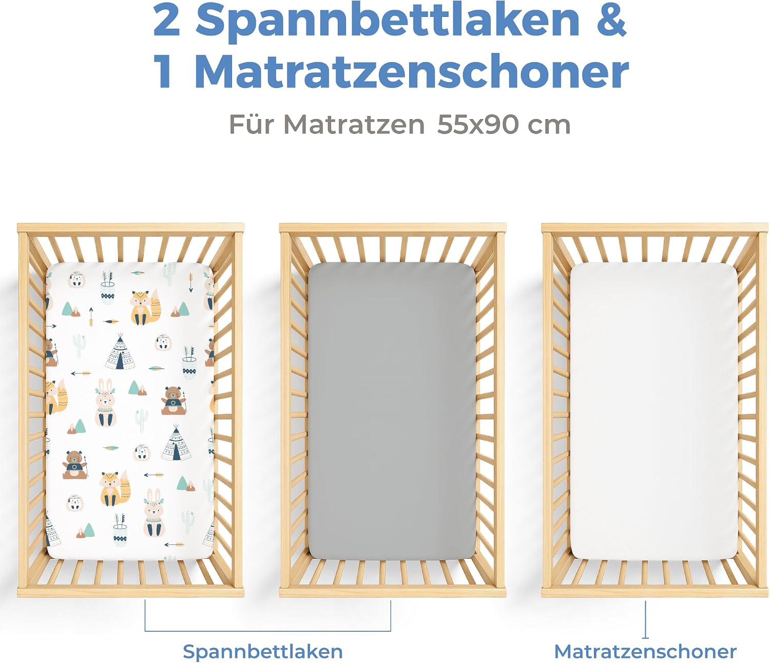 Detalle 2 de Dreamzie Set 2 Spannbettlaken 55x90 cm + Matratzenschoner Babybett – 100% Baumwolle, wasserdicht, OEKO-TEX