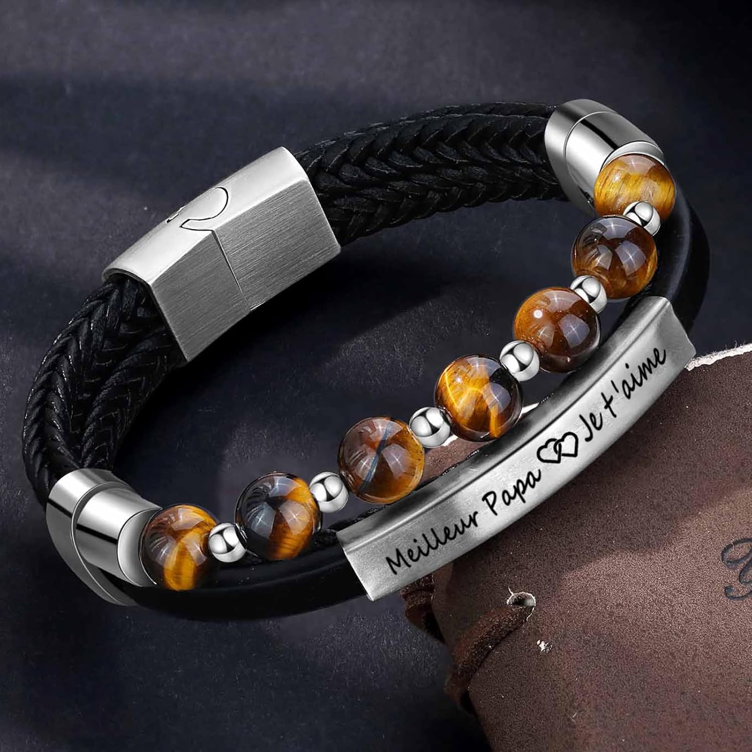 Detalle de Jbniuay Cadeau Homme – Bracelet en cuir triple avec perles naturelles