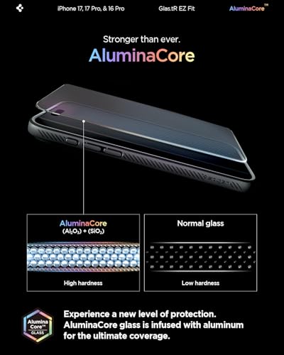 Detalle de Spigen Glas.tR EZ Fit protector de pantalla para iPhone 17 / 17 Pro / 16 Pro (2 unidades) con dureza 9H