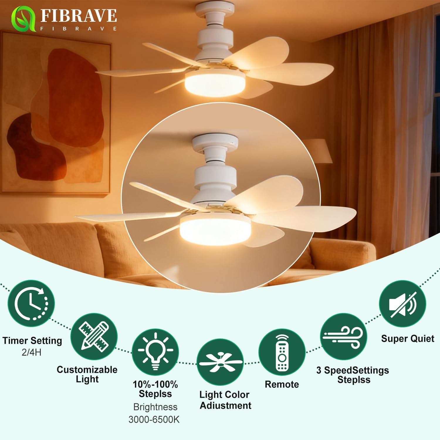 Thumbnail 1 de Ceiling Fan Light by FIBRAVE: Remote-Controlled, Dimmable 30W 1800 Lumens 3-Color 3-Speed with Flush Mount