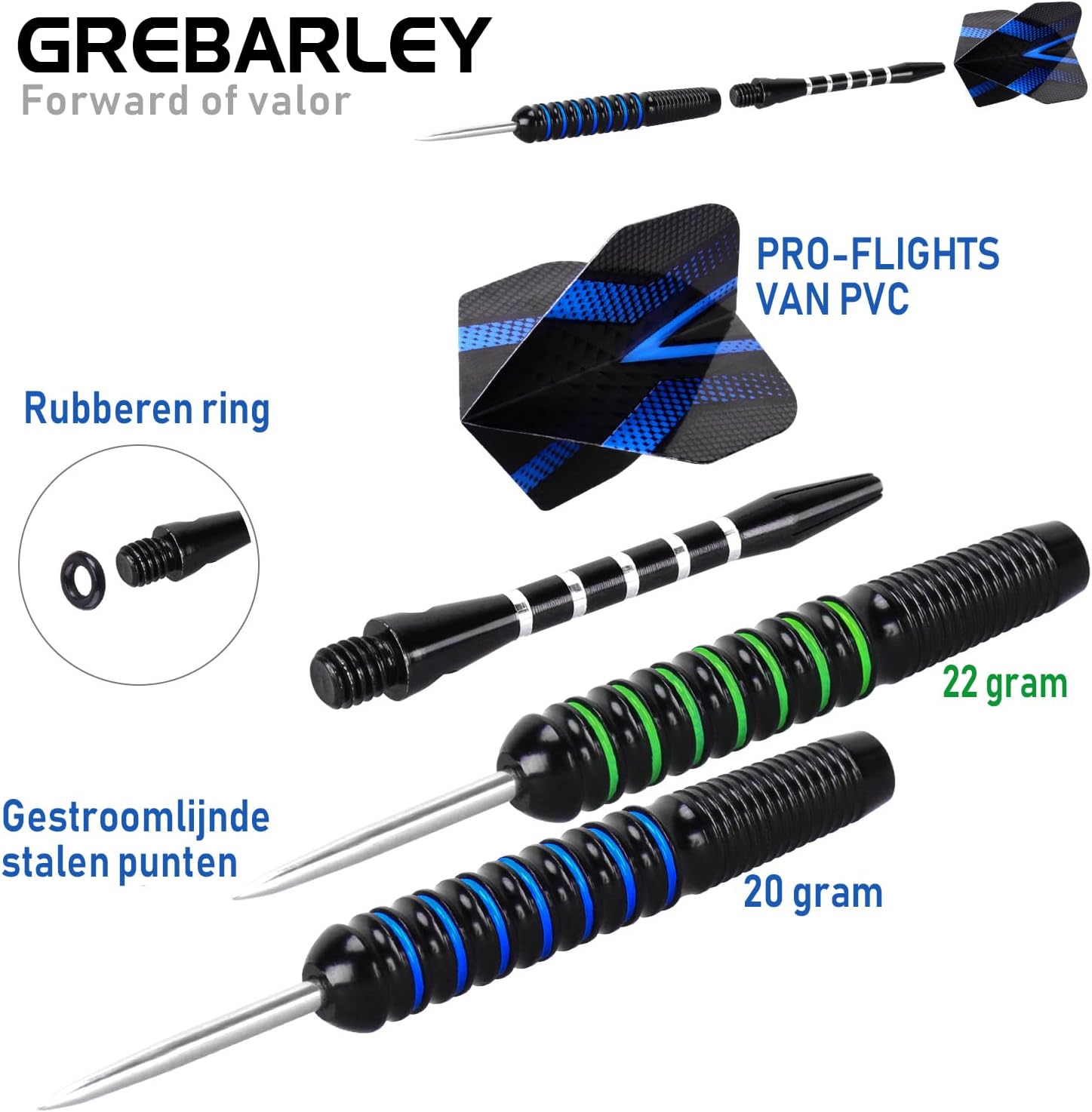 Detalle 2 de Grebarley stalen dartpijlen met metalen punt, 20 en 22 gram