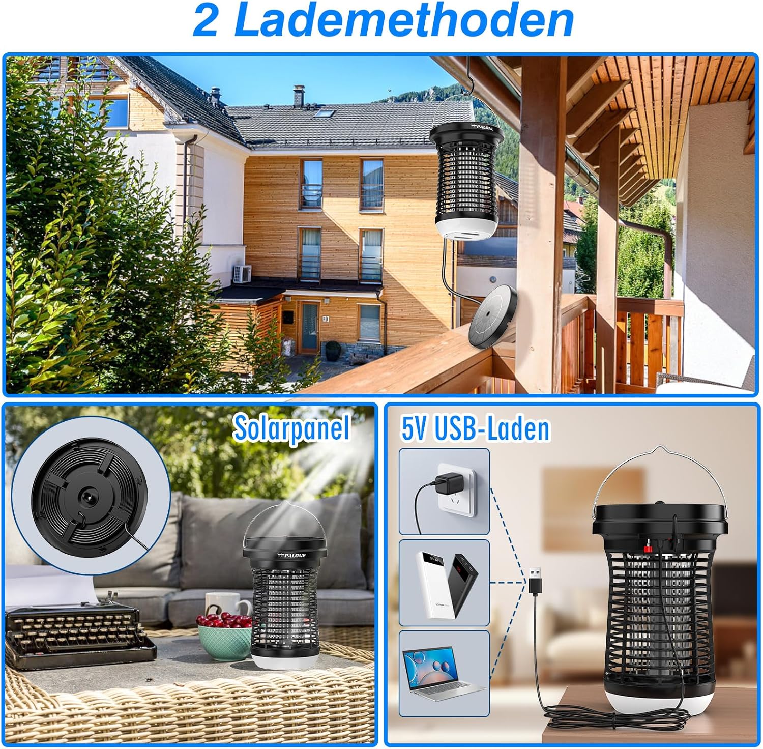 Detalle de PALONE Insektenvernichter Elektrisch Solar LED – 4500V, wiederaufladbar mit USB‑C, 3,5W Solarpanel, IPX4