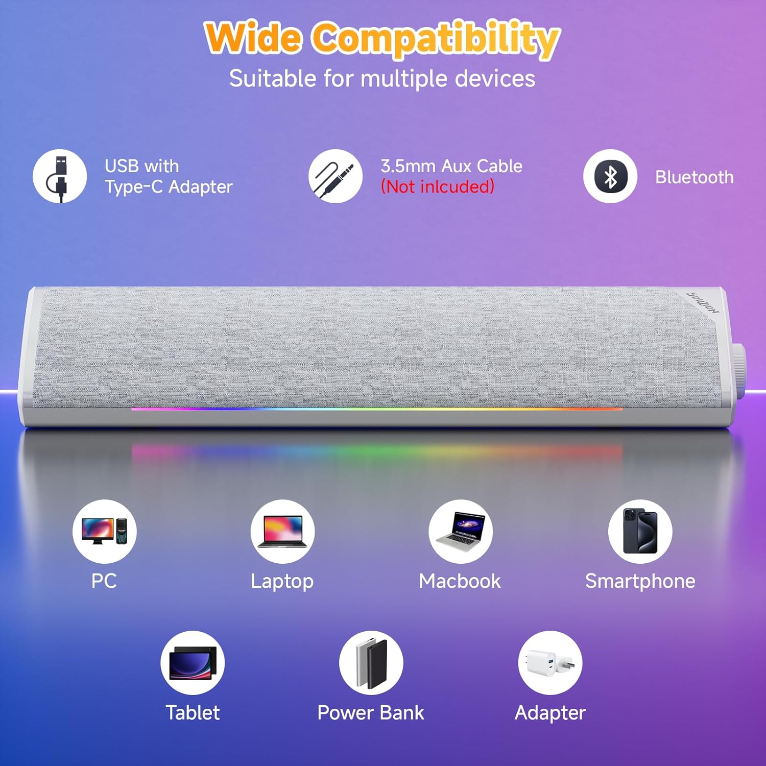 Thumbnail 4 de SOULION R60 White: USB‑Powered Bluetooth 5.3 Soundbar for Desktop and More