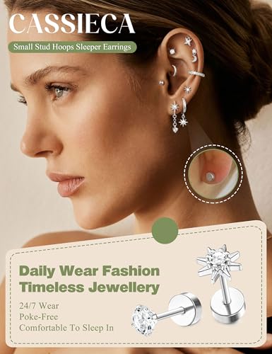 Detalle de CASSIECA 21Pcs Helix Piercing Jewellery – Hypoallergenic Flat Back Earrings Set
