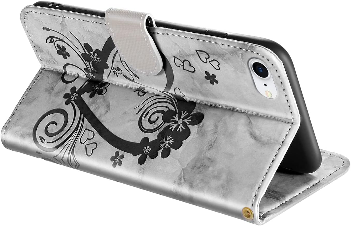Detalle de Norn Wallet Case for iPhone 7/8/SE (2020/2022): Embossed Love Heart Floral, PU Leather, Magnetic Closure
