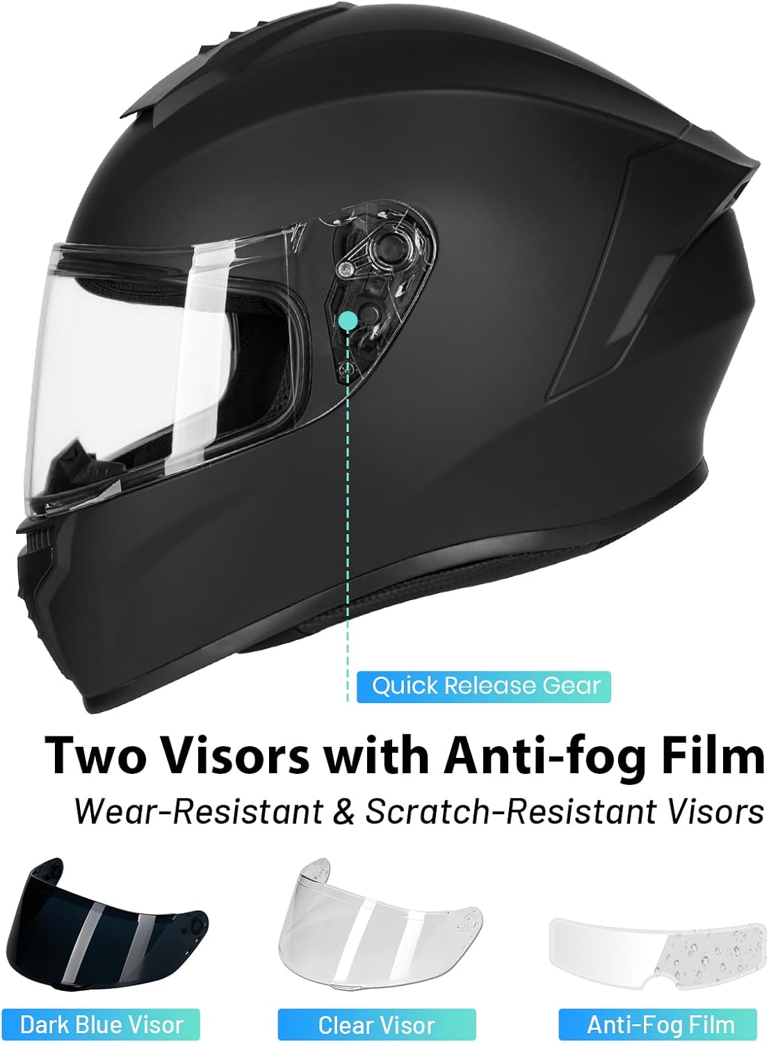Thumbnail 3 de Favoto DOT Approved Full Face Motorcycle Helmet with Dual Visors and Anti-Fog Film (Medium) – Black