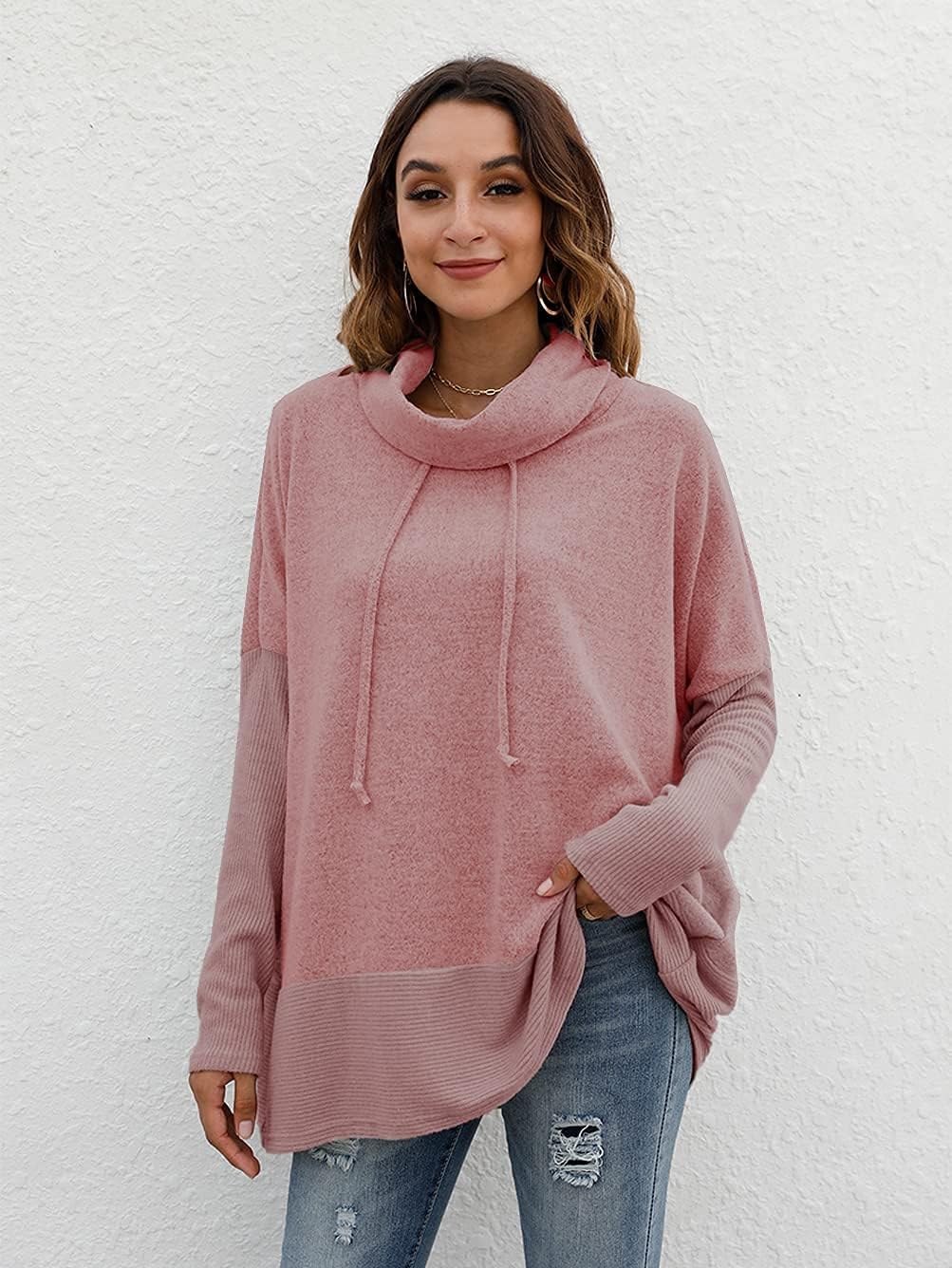 Detalle de Famulily Oversized Hoodie Women — Cowl Neck Drawstring Sweatshirt in Blue (Size L-XL)