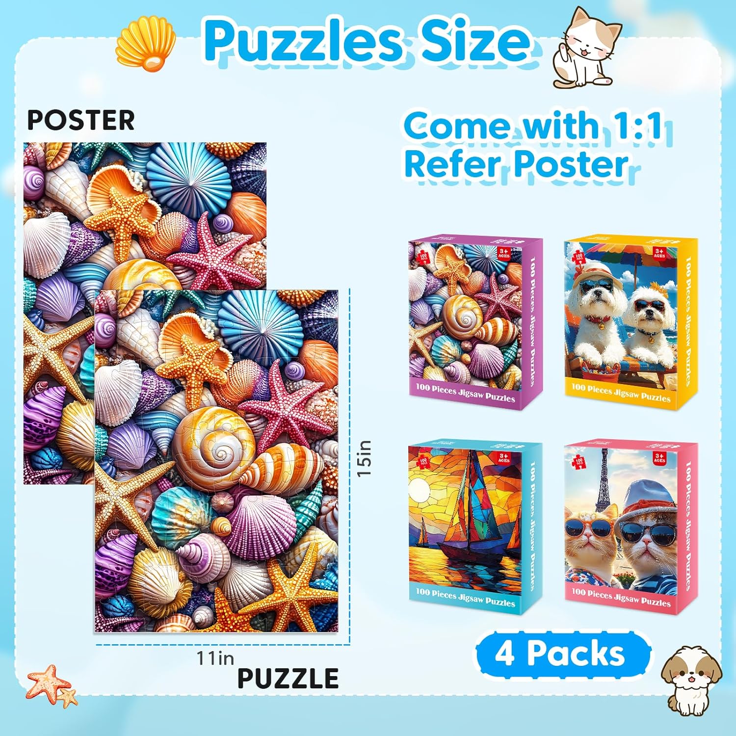 Thumbnail 2 de 4 Packs 100 Piece Puzzle – Shells Sailboat Cats Dogs: Vibrant, Family-Friendly 100-Piece Puzzles