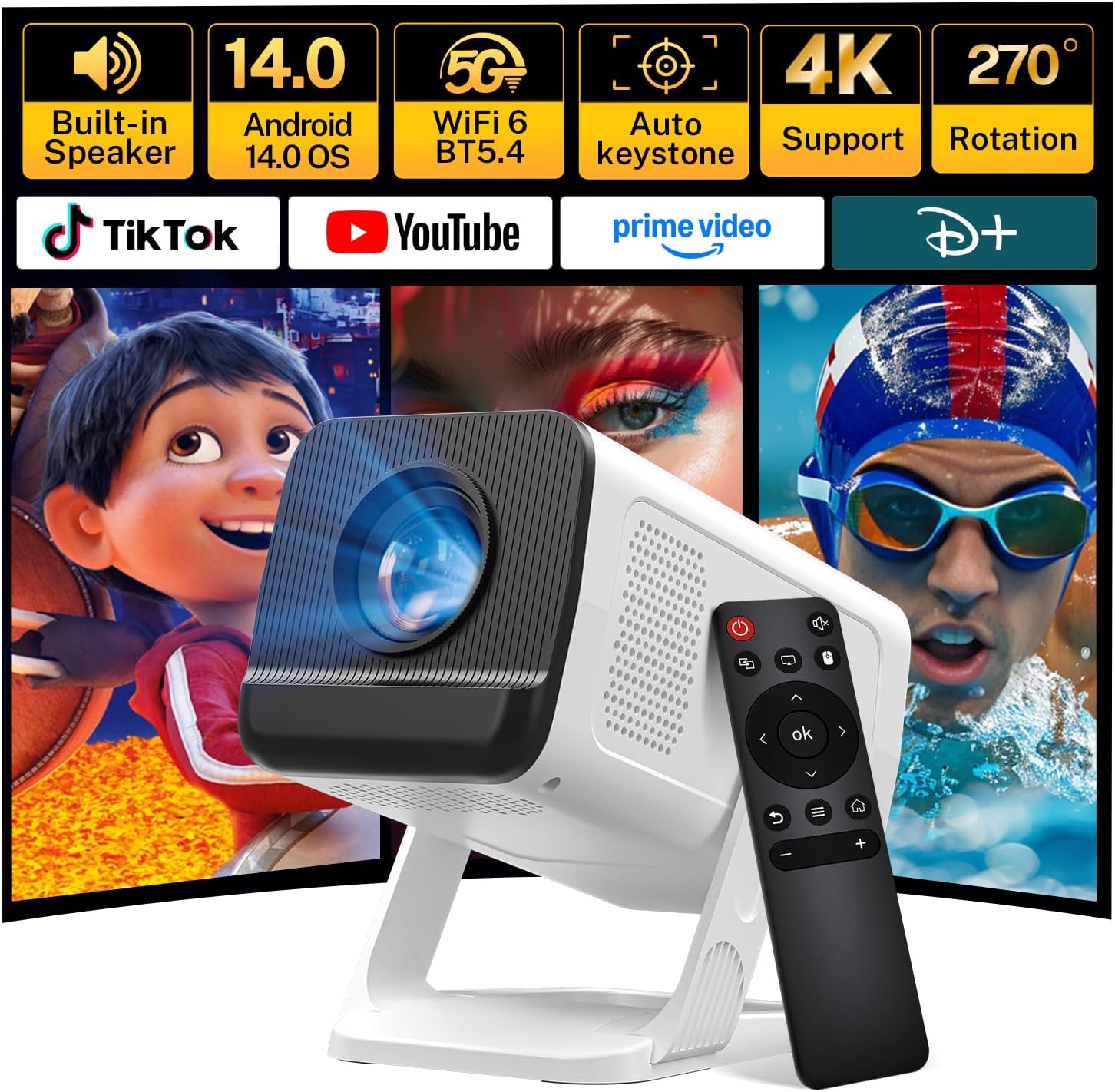Detalle de LYNCast V300 Mini Projector with WiFi 6, BT 5.4, Android 14, and 4K Support