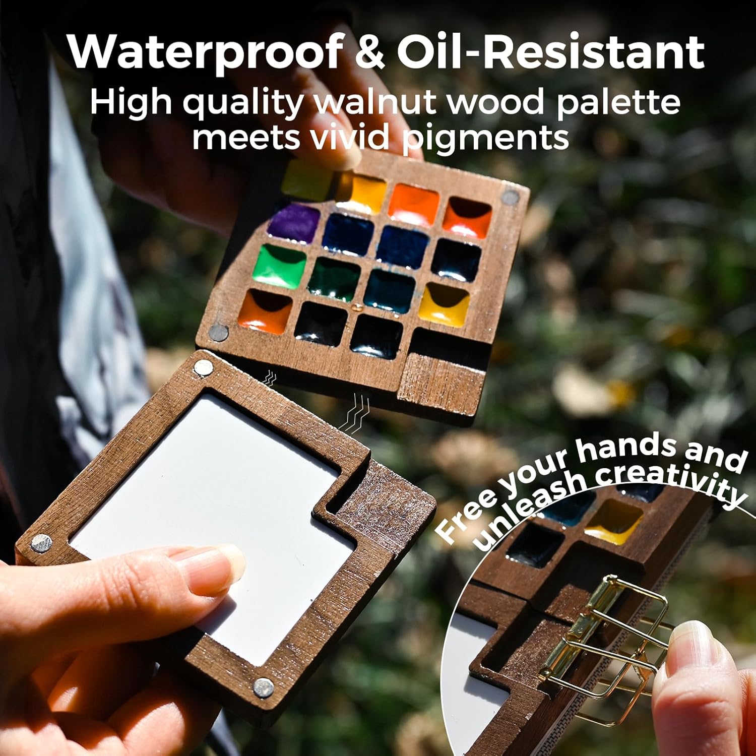 Thumbnail 3 de Funto Mini Watercolor Paint Set (15-Color) Walnut Wood Pocket Travel Kit with Crossbody Bag