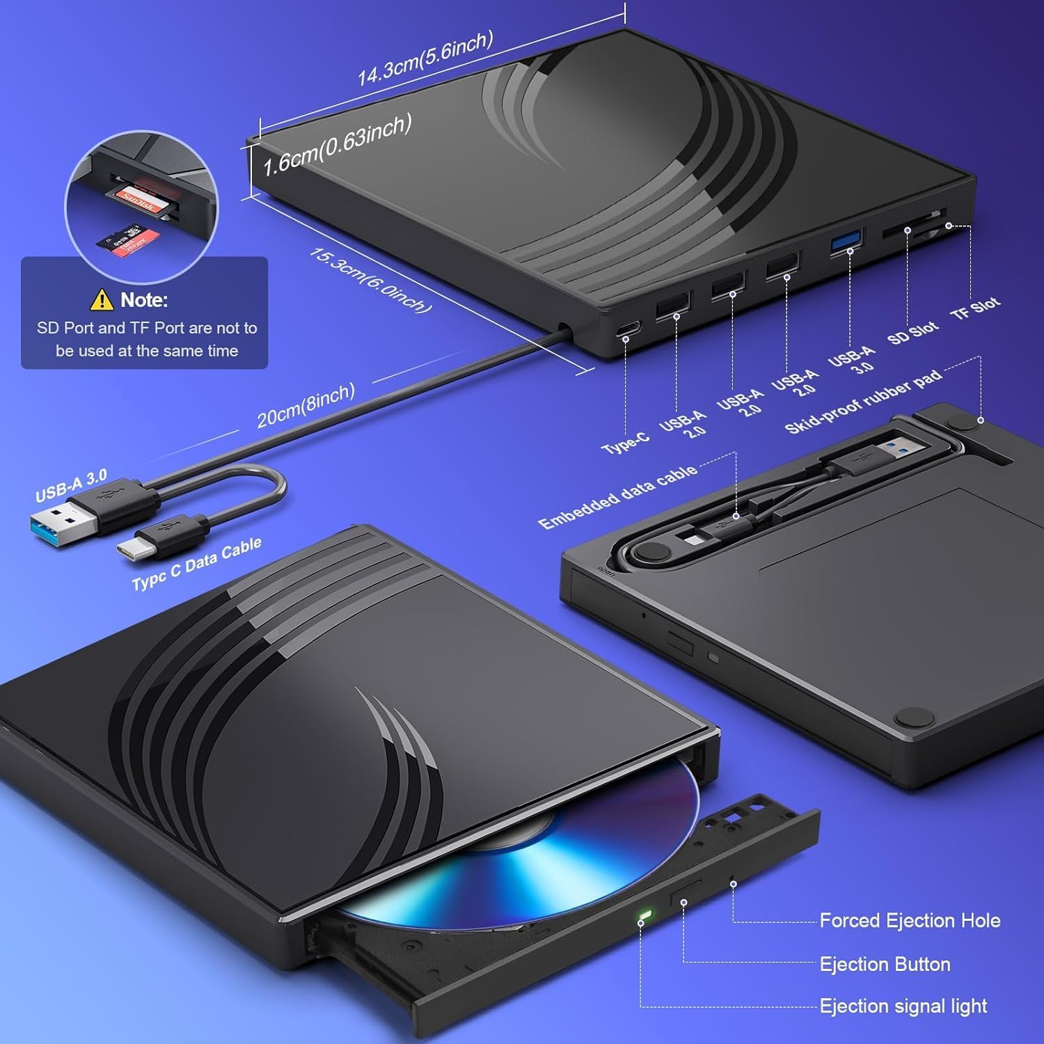 Detalle 1 de BPAKDU B31-Y2 External CD/DVD Drive with USB-A, USB-C, and Card Slots