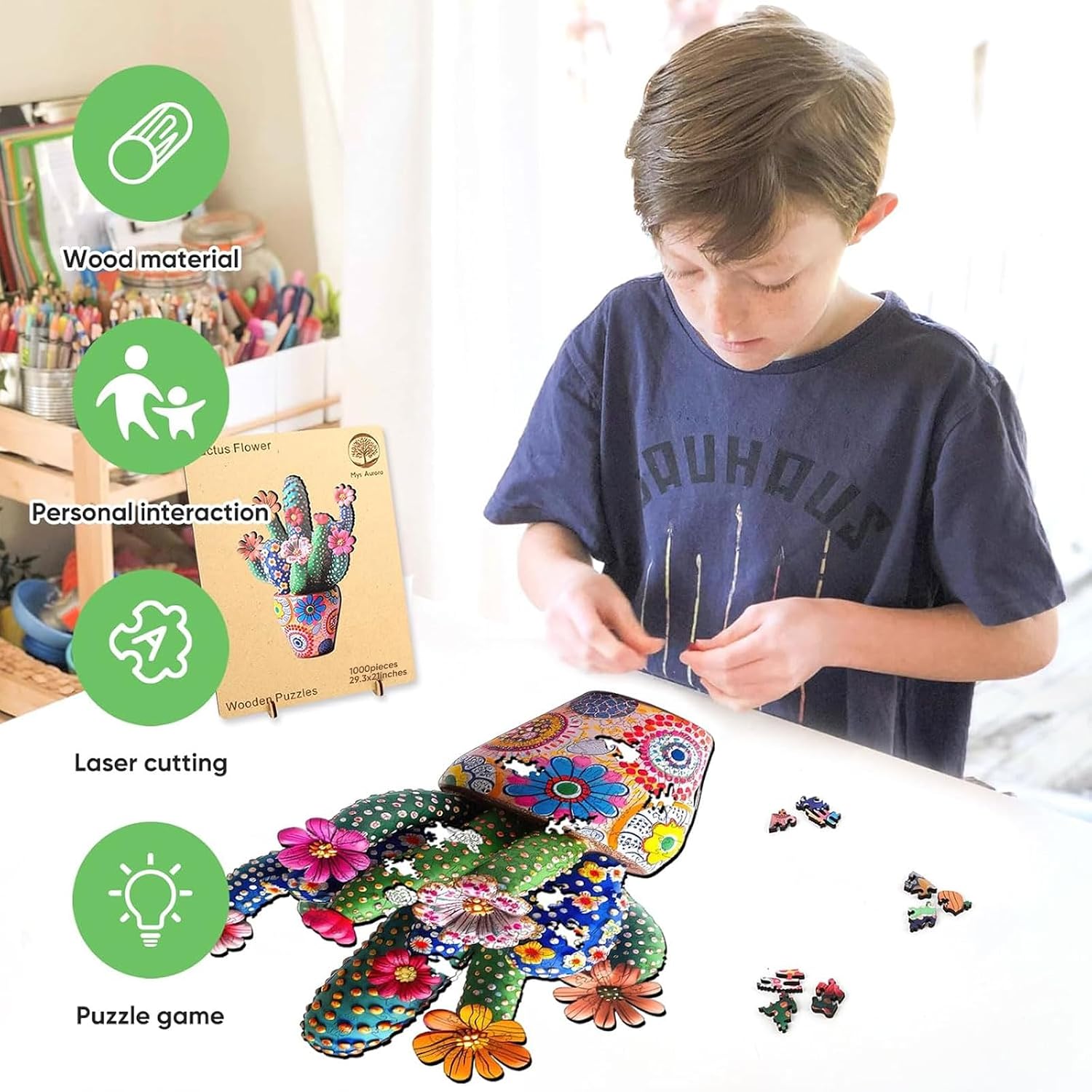 Detalle de Mys Aurora Cactus Flower 1000-Piece Wooden Jigsaw Puzzle
