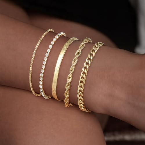 Detalle de Emibele Pulseras Oro 14K Baño Oro Mujer | Set Ajustable y Apilable en Acero Inoxidable