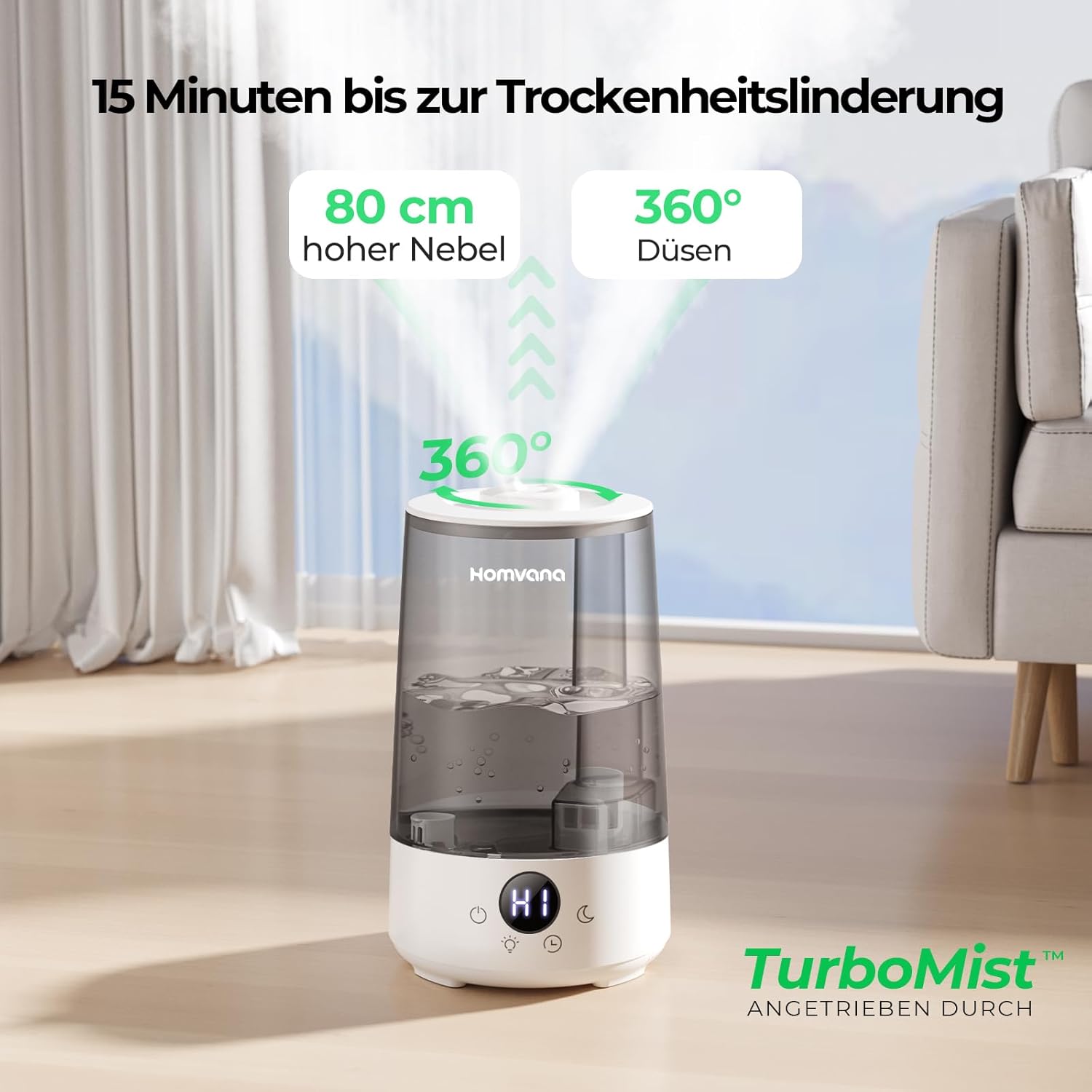 Detalle 2 de Homvana Luftbefeuchter Schlafzimmer Top-Fill 3.6 L 34 h ⌚ ⏎