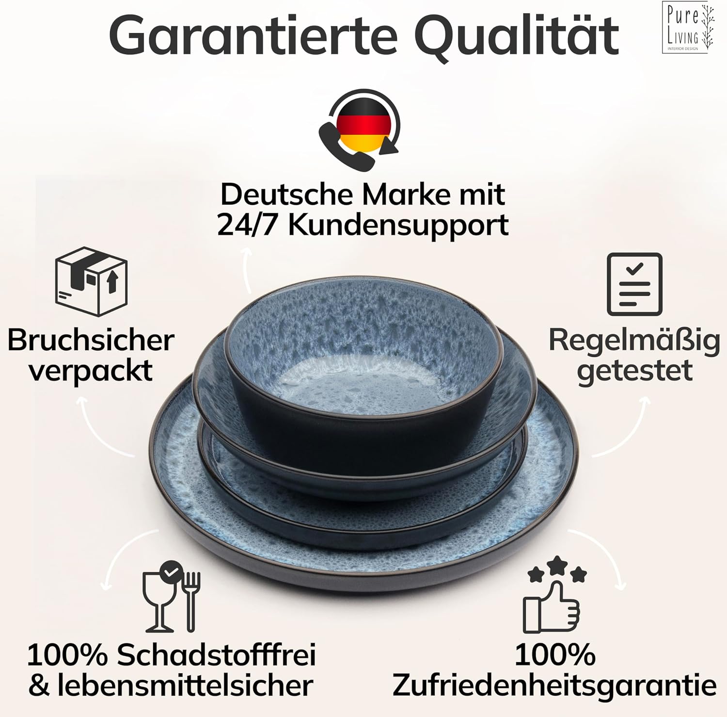 Detalle 2 de Steingut Geschirrset 6 Personen Ibiza 24-tlg. TESTSIEGER – Pure Living, Graublau