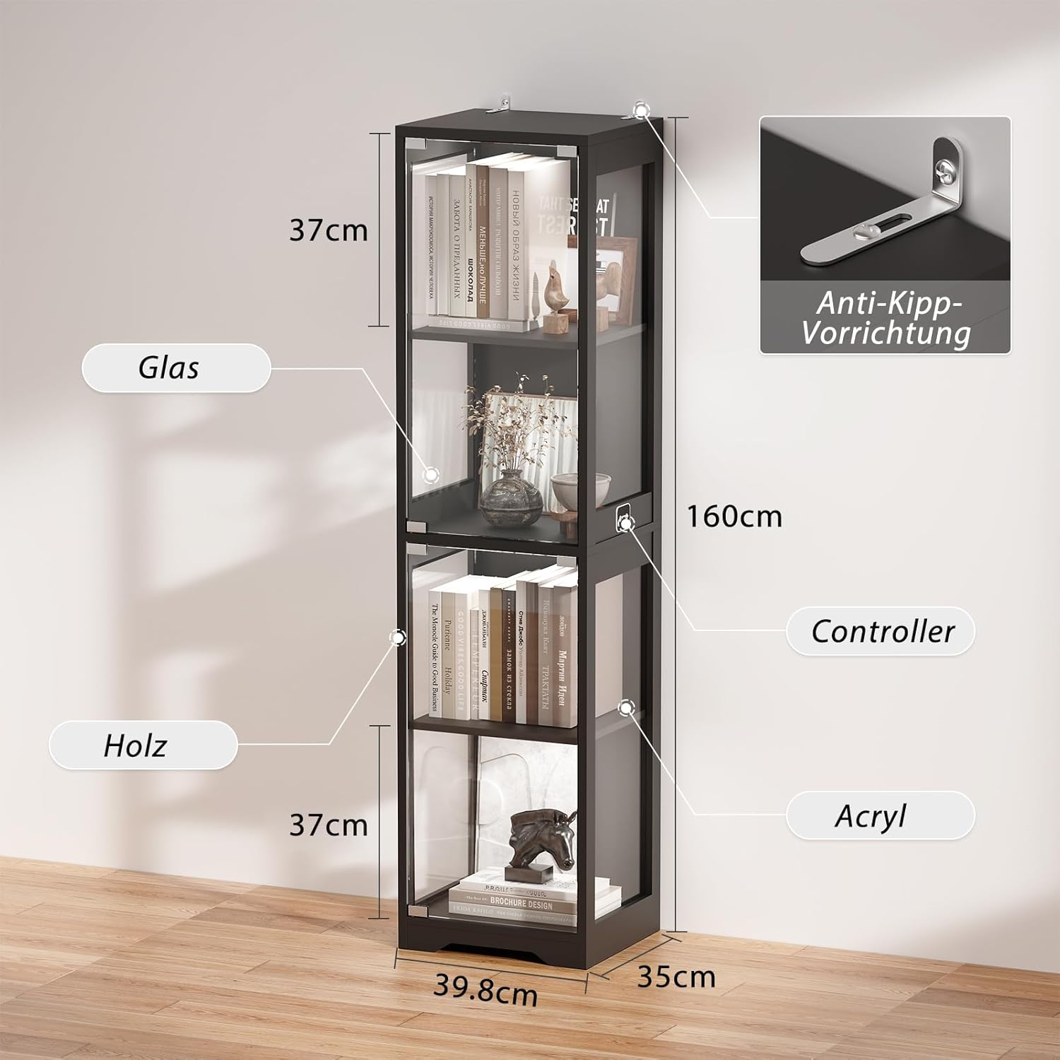 Thumbnail 1 de BROTTAR Glasvitrine mit dreifarbiger LED-Beleuchtung, Glastüren und Körpersensor-System (40 x 35 x 160 cm) – Schwarz