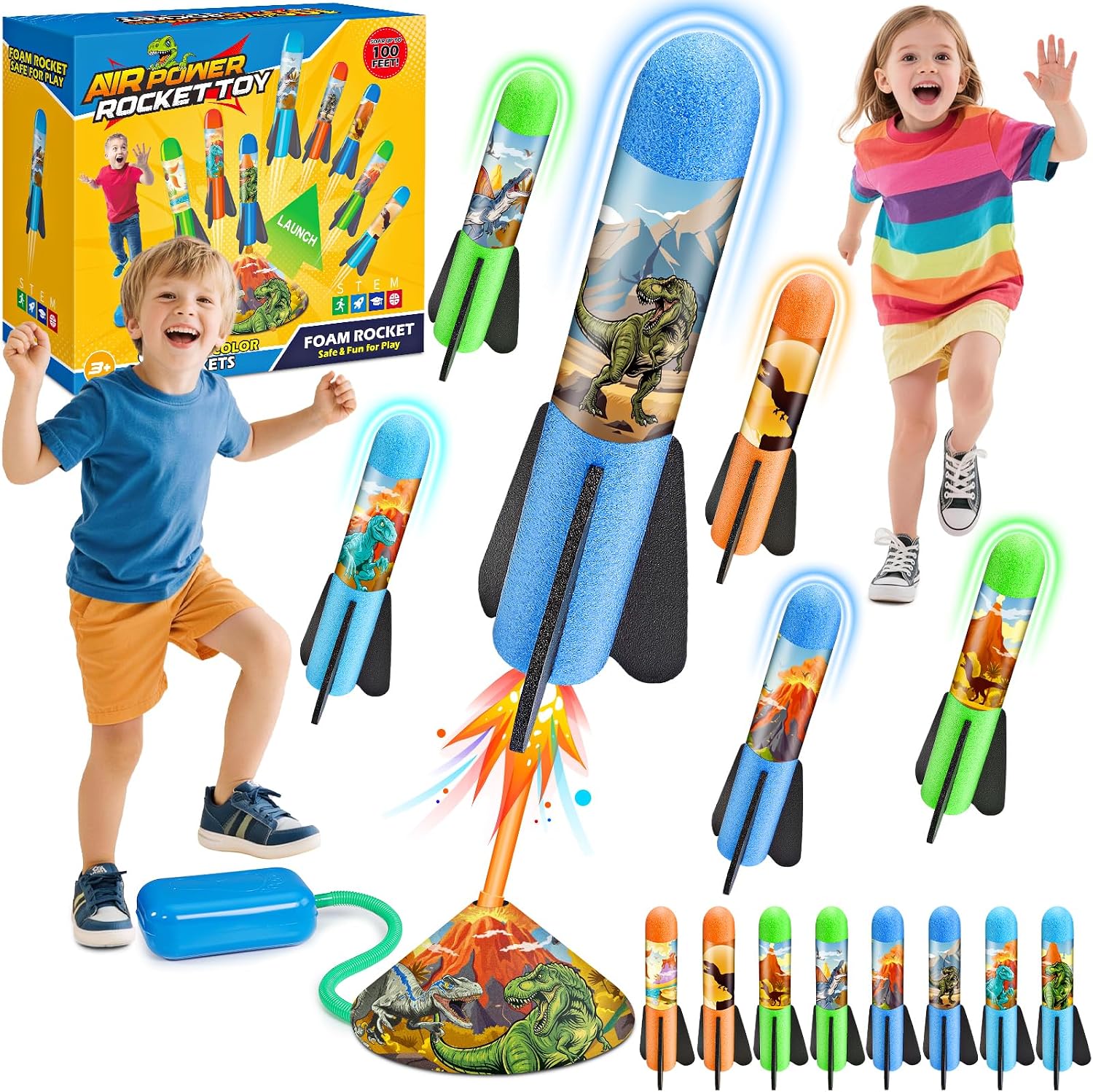 Detalle de Anginne Dinosaurier Raketen-Spielzeug – 8‑teiliges Schaumstoff-Launch-Set für draußen ab 3 Jahren