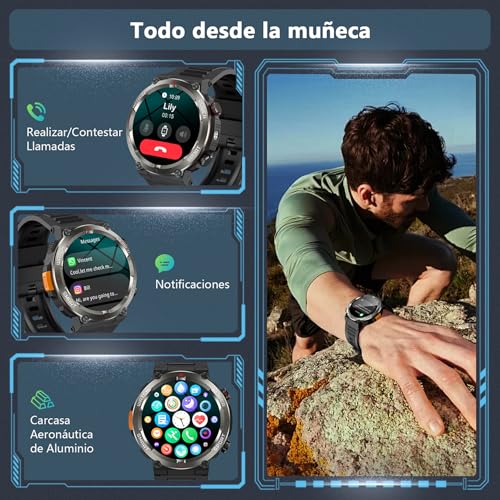 Detalle de Baolubao Reloj Inteligente Hombre con Linterna, Brújula y 2 Correas: resistencia militar y baterías de larga duración