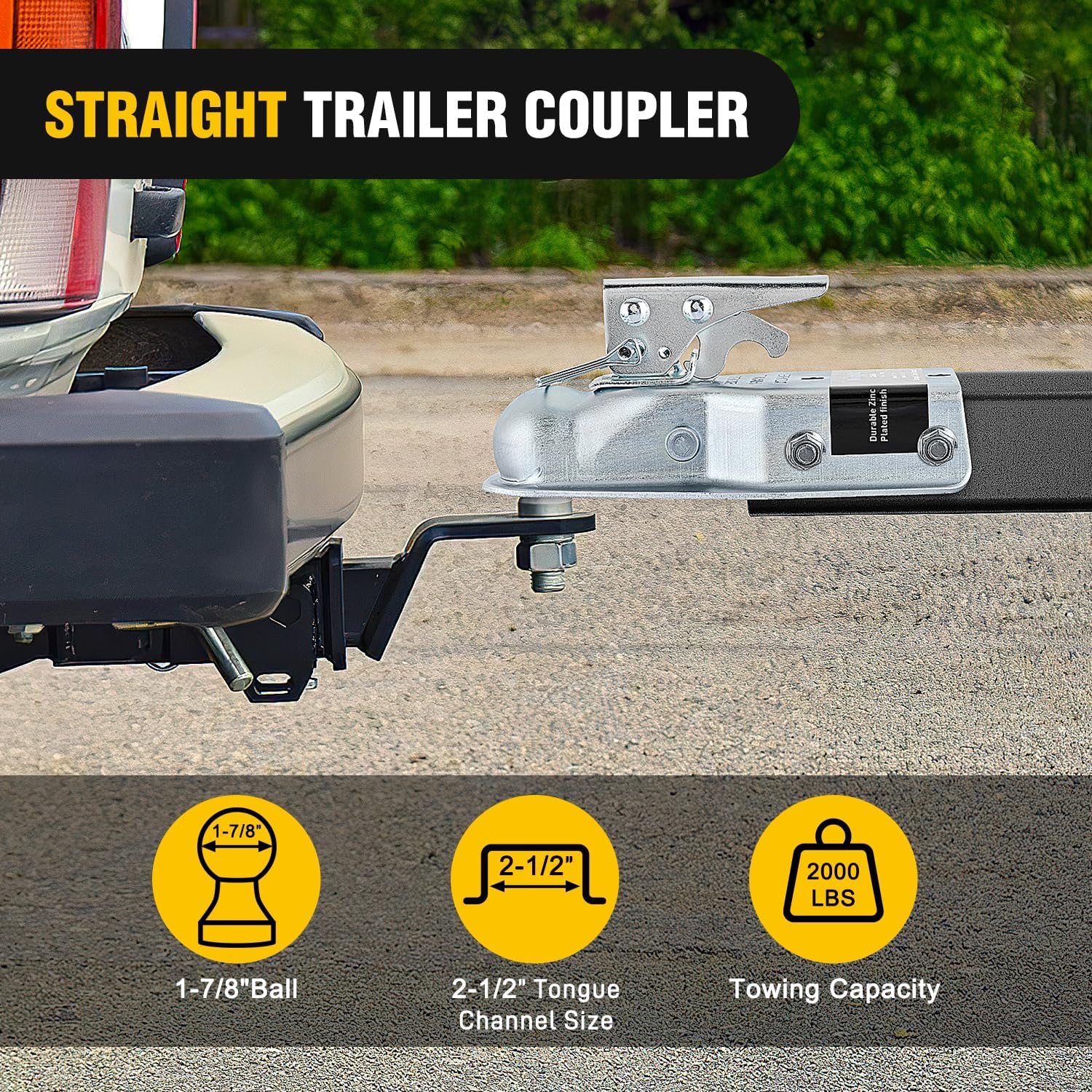 Thumbnail 2 de Nilight Straight Trailer Coupler with Safety Latch & Chain for 1-7/8 Inch Hitch Ball (2-1/2 Inch Channel, 2000 LBS)