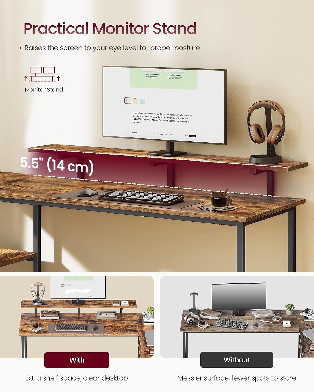 Detalle 1 de VASAGLE LWD129K101 L-Shaped Computer Desk with 2 Drawers and Monitor Stand