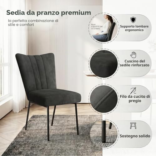 Detalle de JIEXI Set tavolo da pranzo allungabile con 6 sedie: 130-170 cm, piano MDF grigio e base a X, sedie imbottite in flanella nera