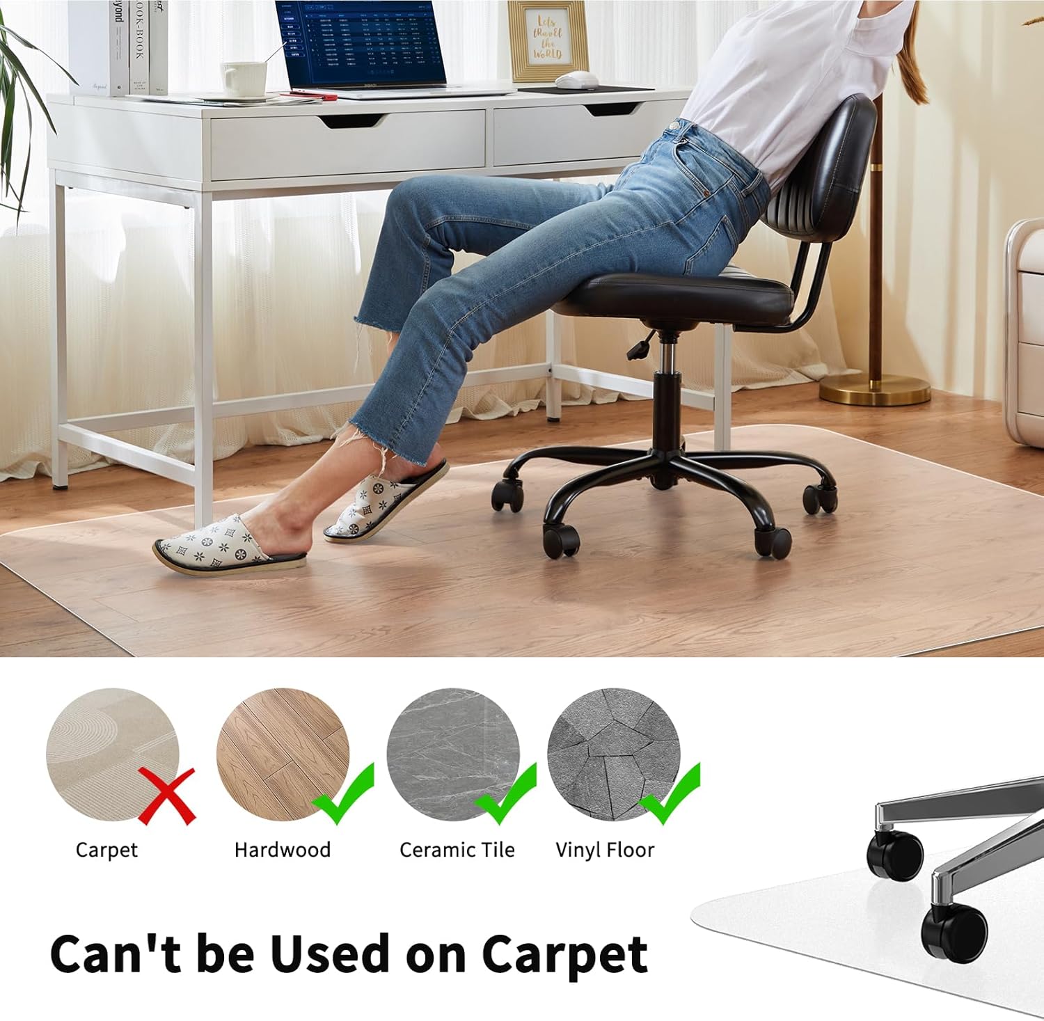 Detalle de WASJOYE Office Chair Mat 75x120cm for Hard Floors – Clear PVC Floor Protector