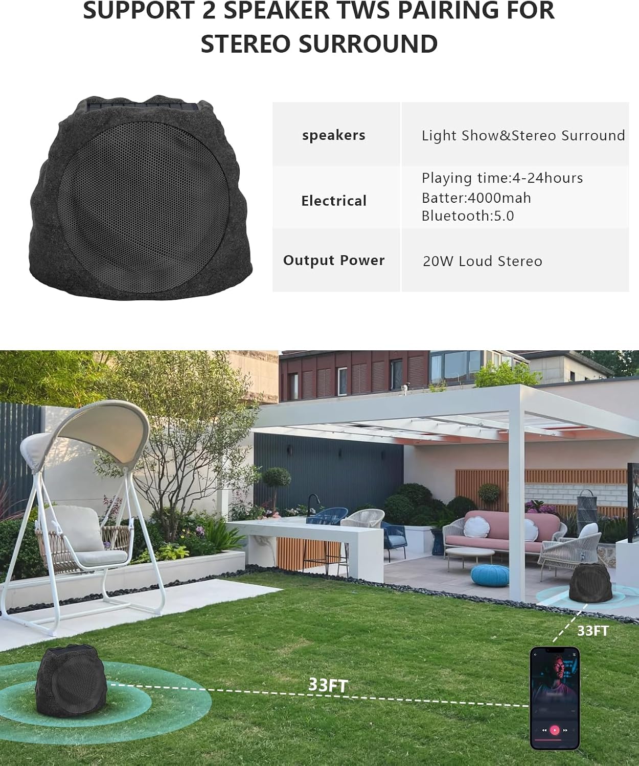 Detalle de JMJEAN Outdoor Bluetooth Rock Speakers – 2-Pack, Solar Powered, IP44 Weather-Resistant
