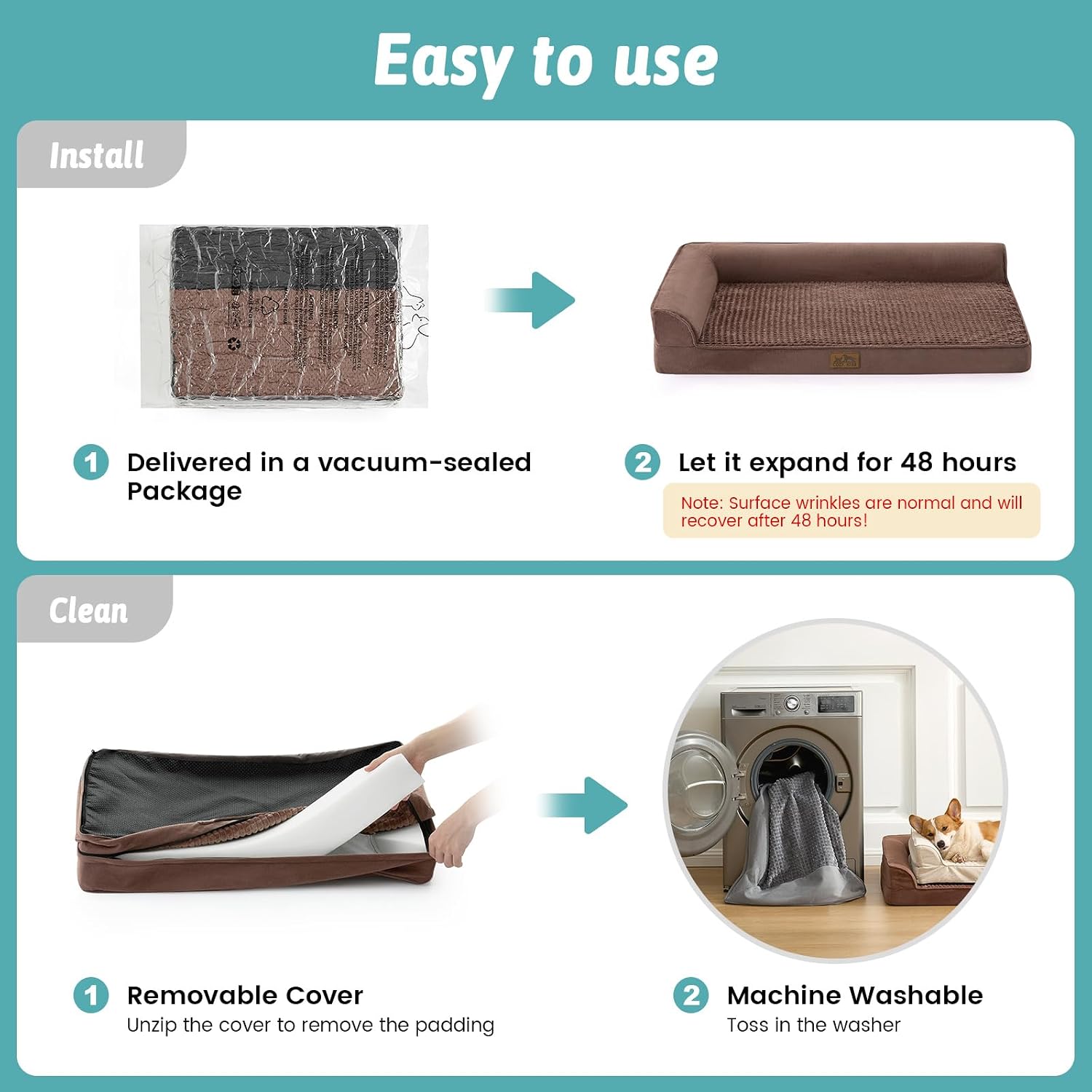 Thumbnail 6 de COZY KISS orthopädisches Hundebett für mittelgroße Hunde (U-Form), braun – mit stützender Schaumstoffpolsterung, wasserdichtem Bezug