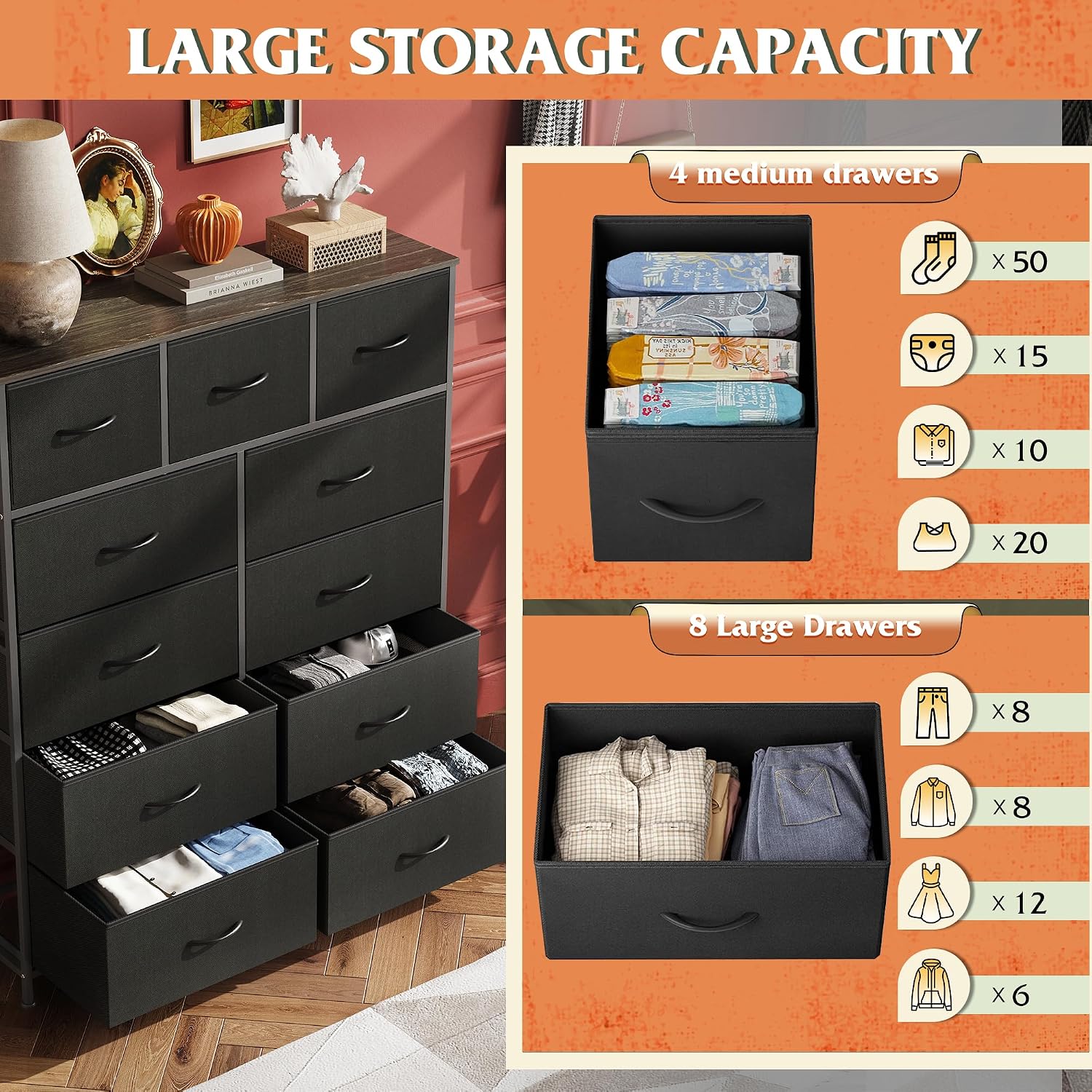 Detalle de WLIVE ASNG203 Tall Dresser, 11 Fabric Drawers, Charcoal Black