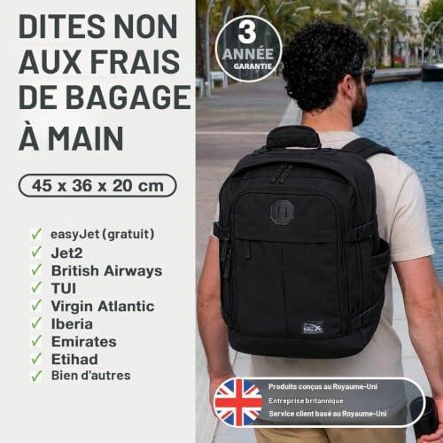 Detalle de CabinMax Metz: Sac à Dos Cabin pour EasyJet et autres compagnies, 30 L, Polyester recyclé RPET 600D, Noir vintage