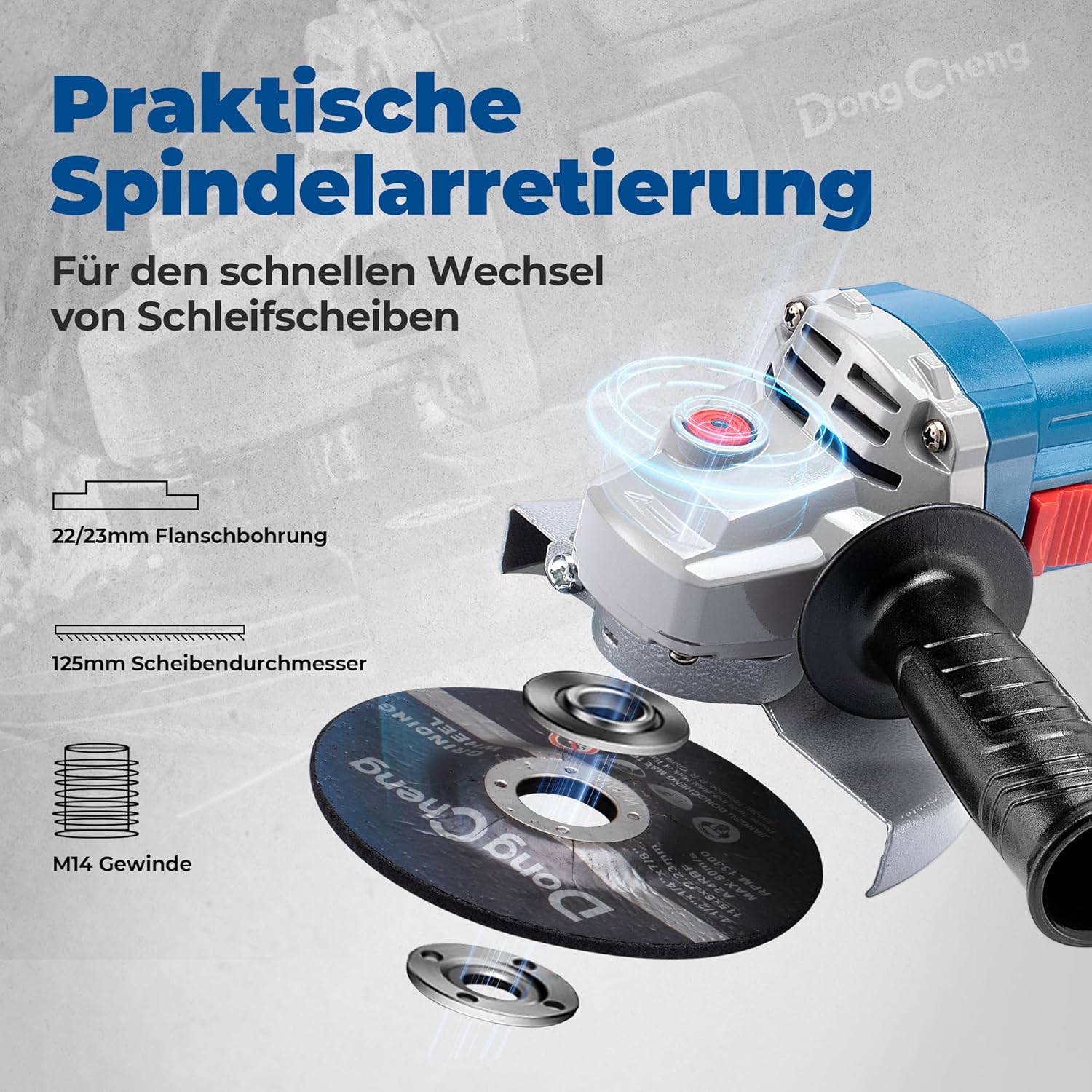 Detalle de DongCheng Winkelschleifer 1100W, 125mm – kompakter Kraftpaket mit Schnellverschluss und umfangreichem Zubehör