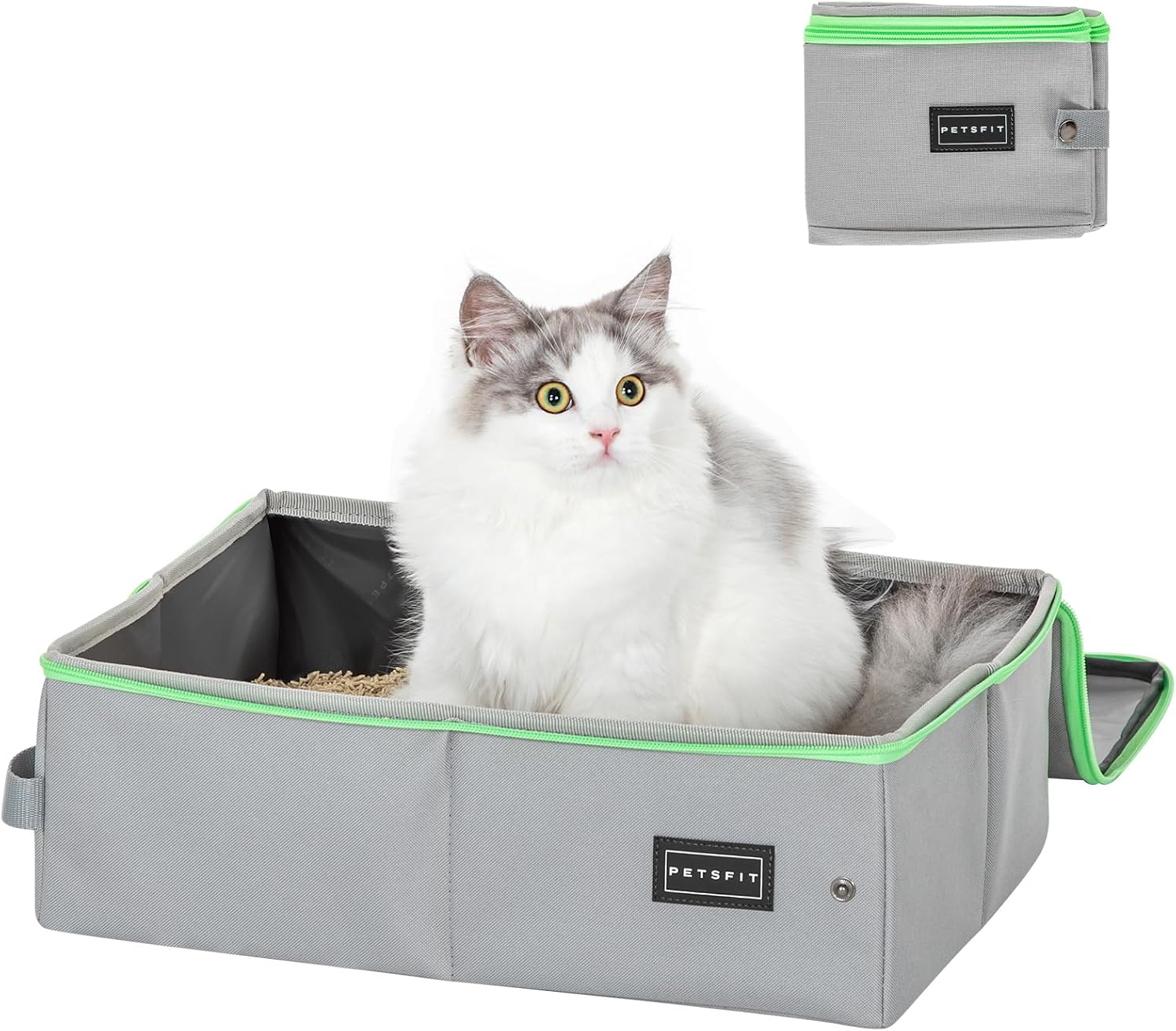 Detalle de PETSFIT Travel Litter Box for Cats with Lid – Leak-Proof, Foldable 40x30x12cm (Grey Green)