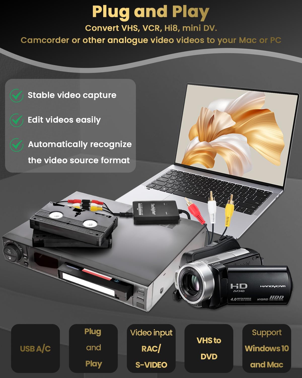 Detalle de Techigher VHS to Digital Converter & RCA to HDMI Adapter USB Video Capture Card