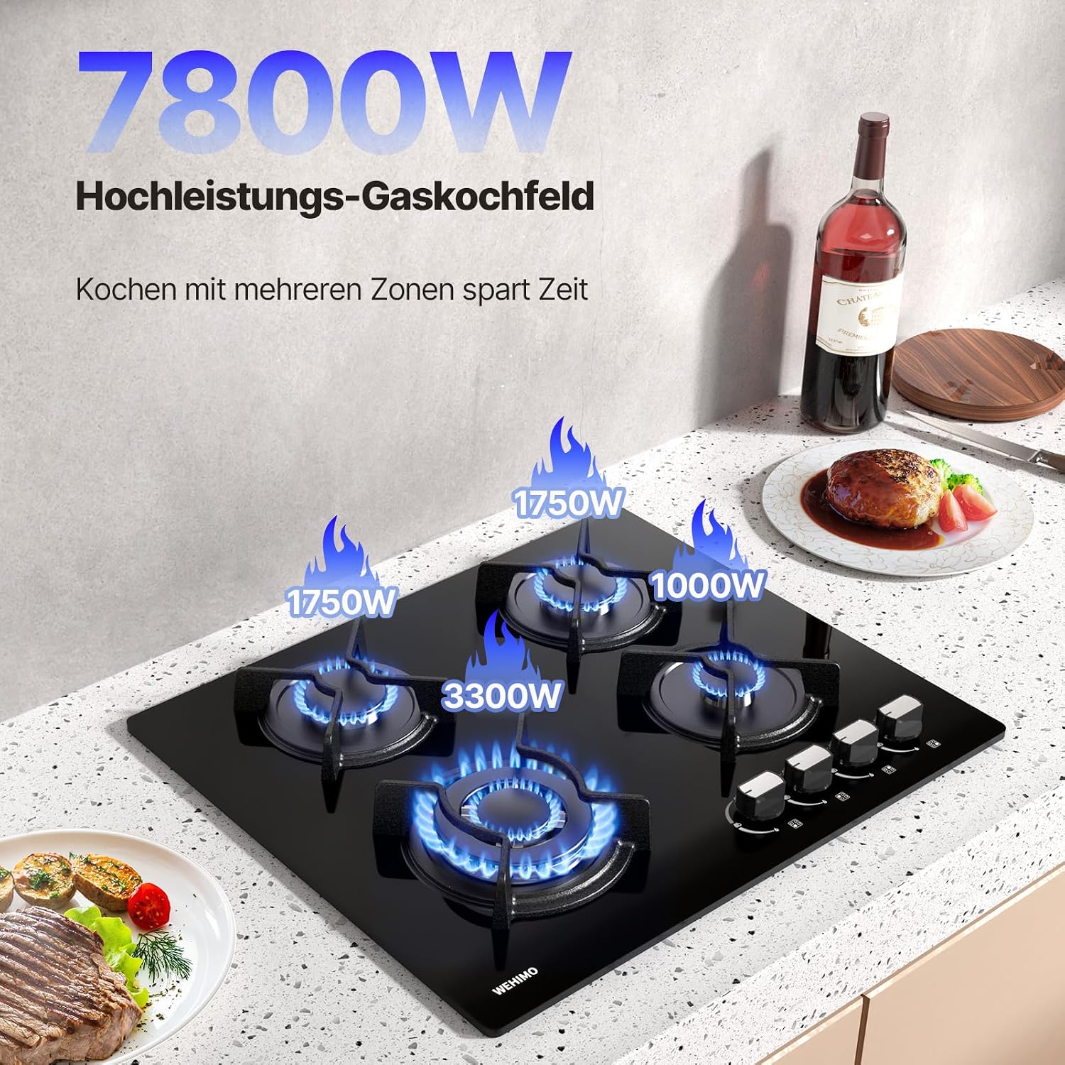 Detalle de WEHIMO Gas-Kochfeld 4 Flammig aus Glas, Einbau 59 cm – 4 Zonen, 7800 W