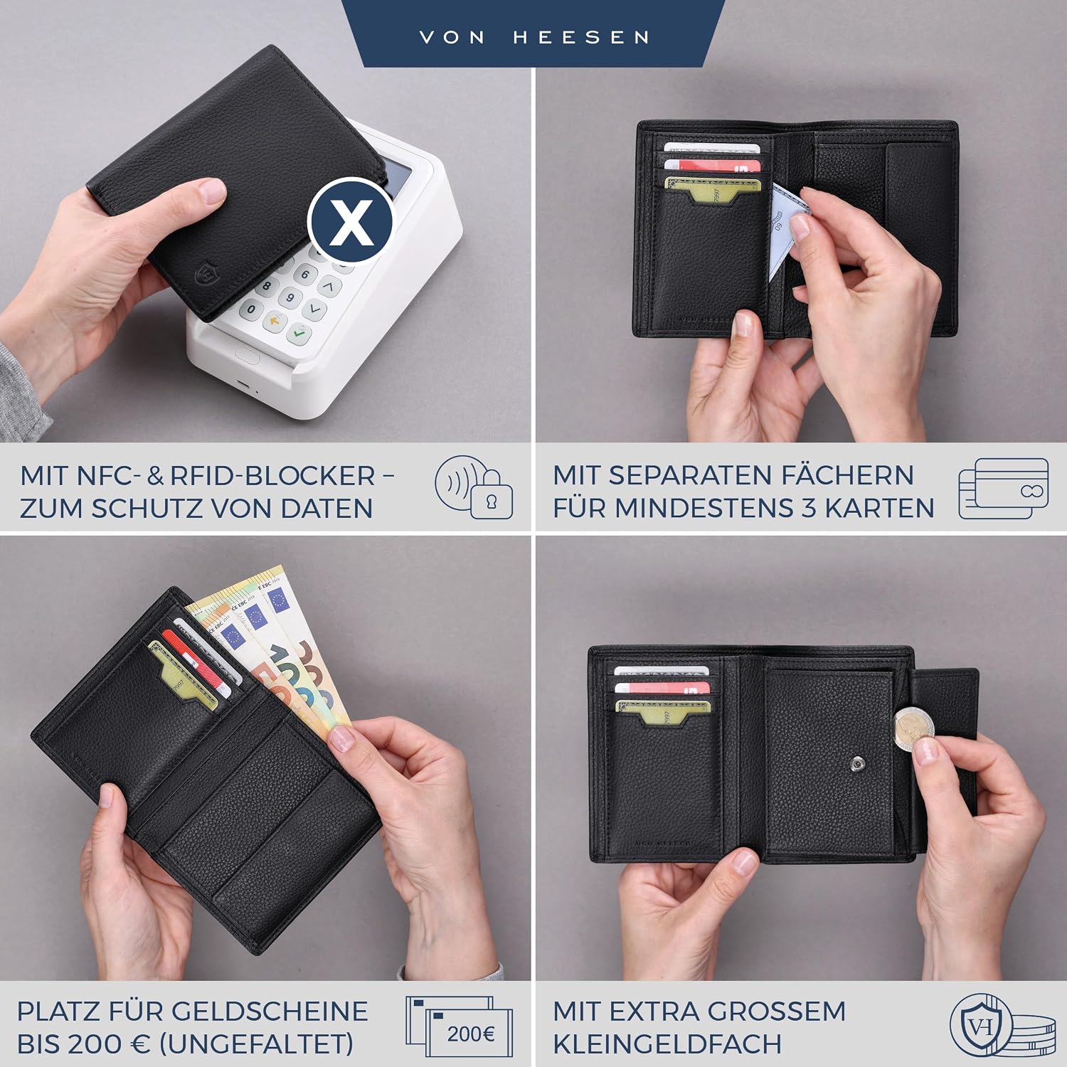 Detalle 2 de VON HEESEN Leder-Geldbörse mit RFID-Schutz (Schwarz) – Portemonnaie für Damen & Herren