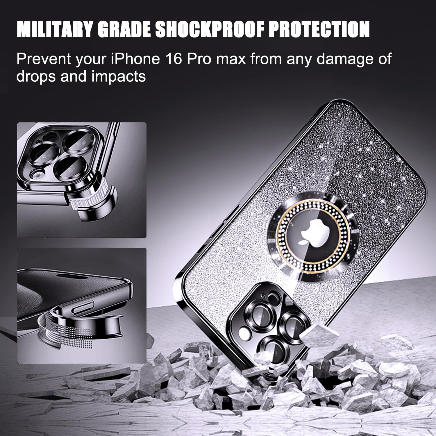 Detalle de Misscase Magnetic Glitter Case for iPhone 16 Pro Max – Full Protection with Camera Lens Protector