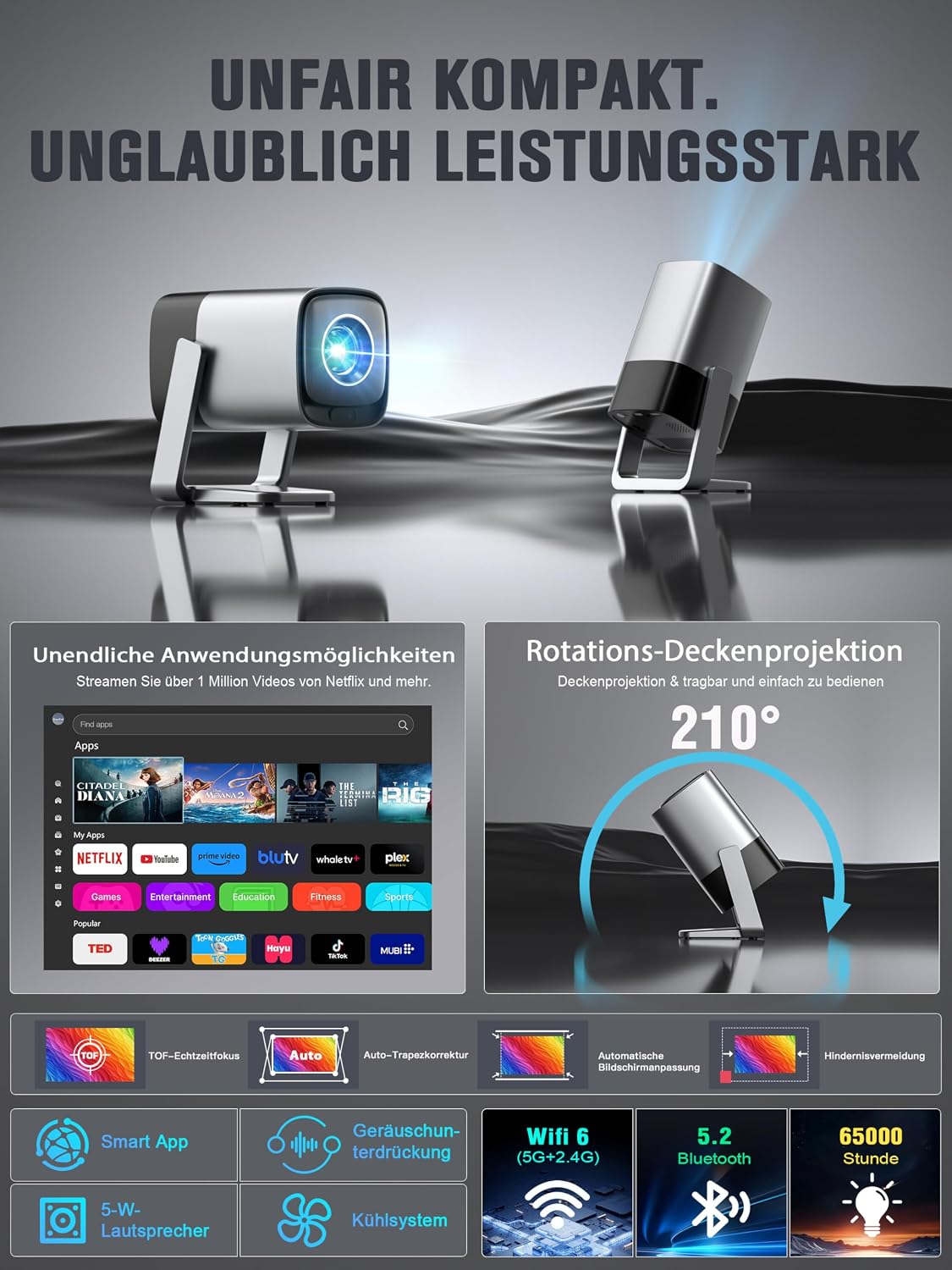 Detalle de Smart Mini Beamer 4K von XuanPad mit Netflix-Unterstützung, TOF Autofokus und Dolby Audio