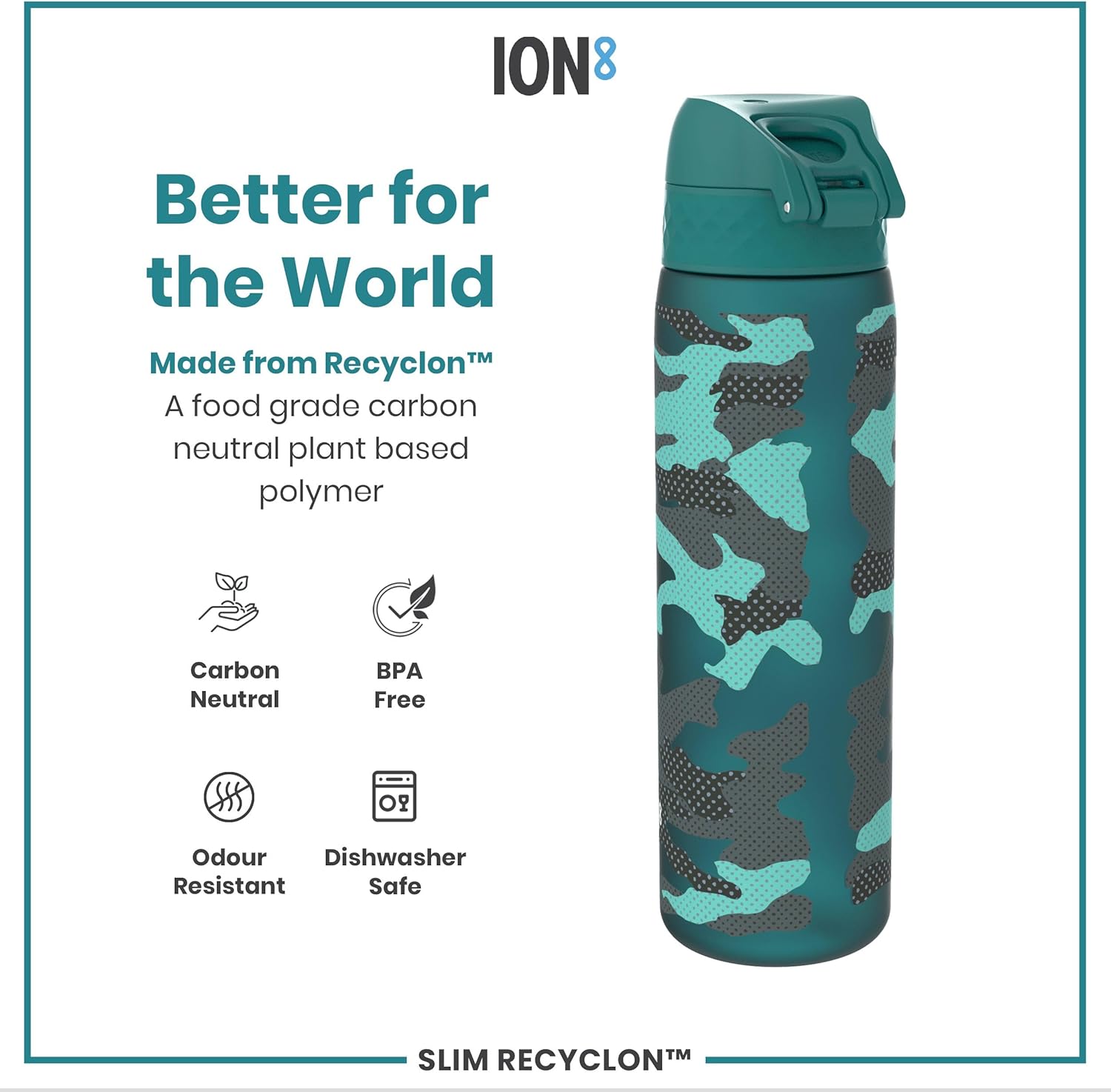 Detalle 2 de Ion8 Water Bottle 500ml/18oz – Slim, Leak-Proof, BPA-Free (Aqua, Camo)