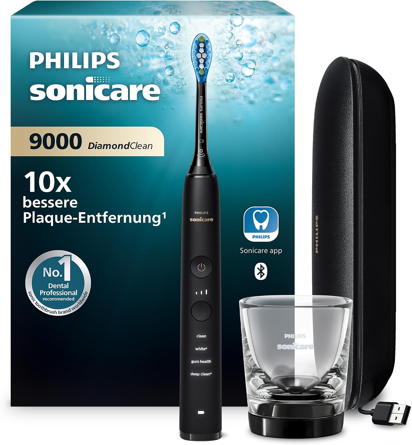 Detalle de Philips Sonicare DiamondClean 9000 (HX9911/09) – Schallzahnbürste mit App, Drucksensor und Ladeglas