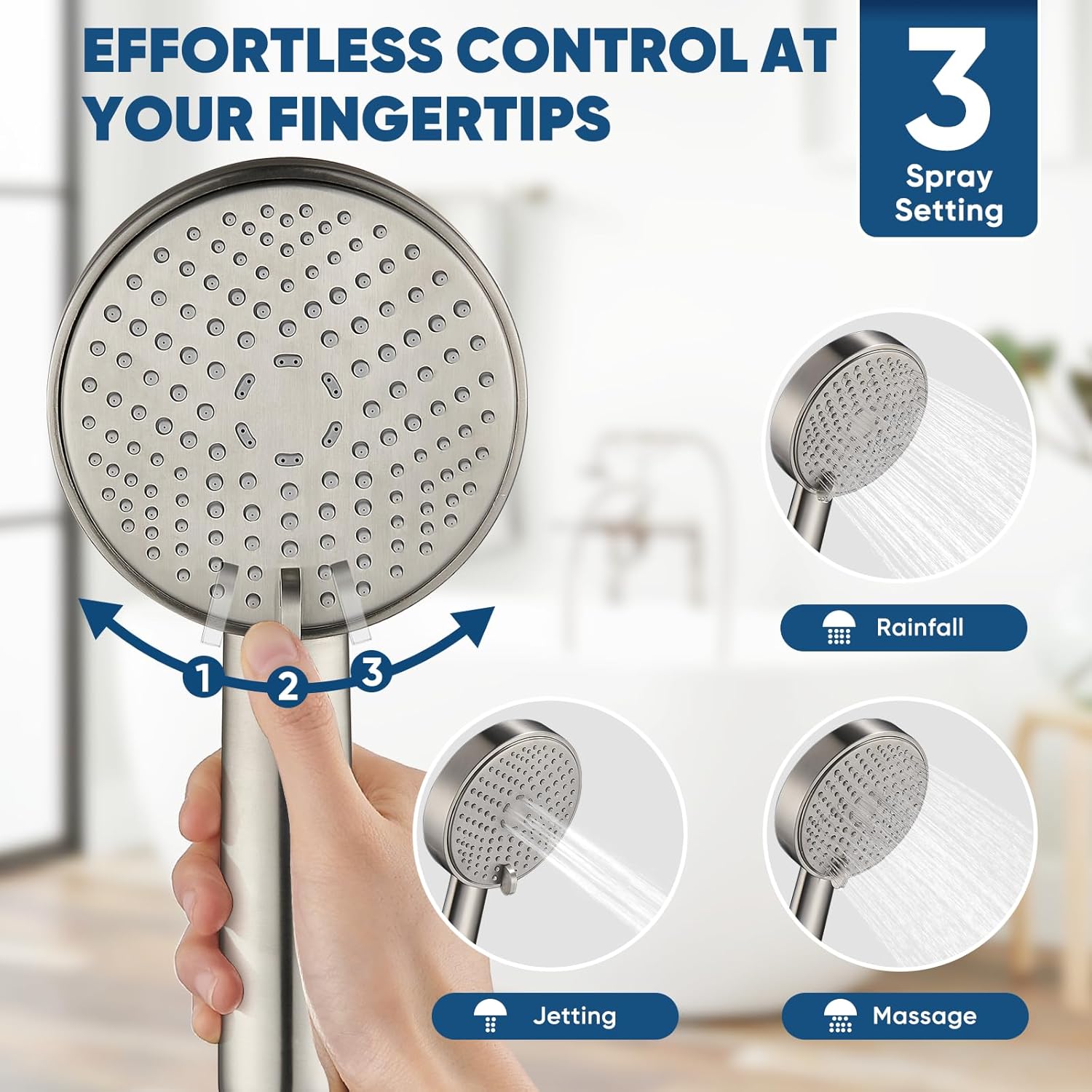 Detalle de Cobbe KSCP160-CA All-Metal Handheld Shower Head, 3 Settings, Brushed Nickel