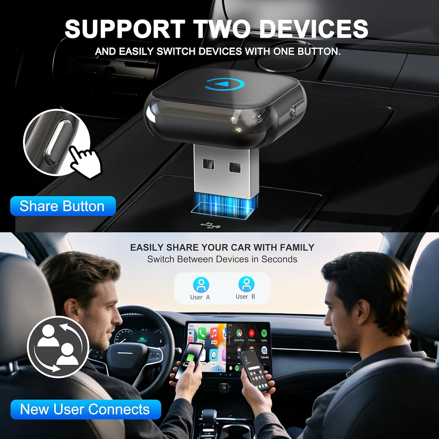 Detalle 2 de 2026 Verbesserter 2-in-1 CarPlay Wireless Adapter – Plug & Play, Dual-Band Wi‑Fi, Bluetooth 5.3