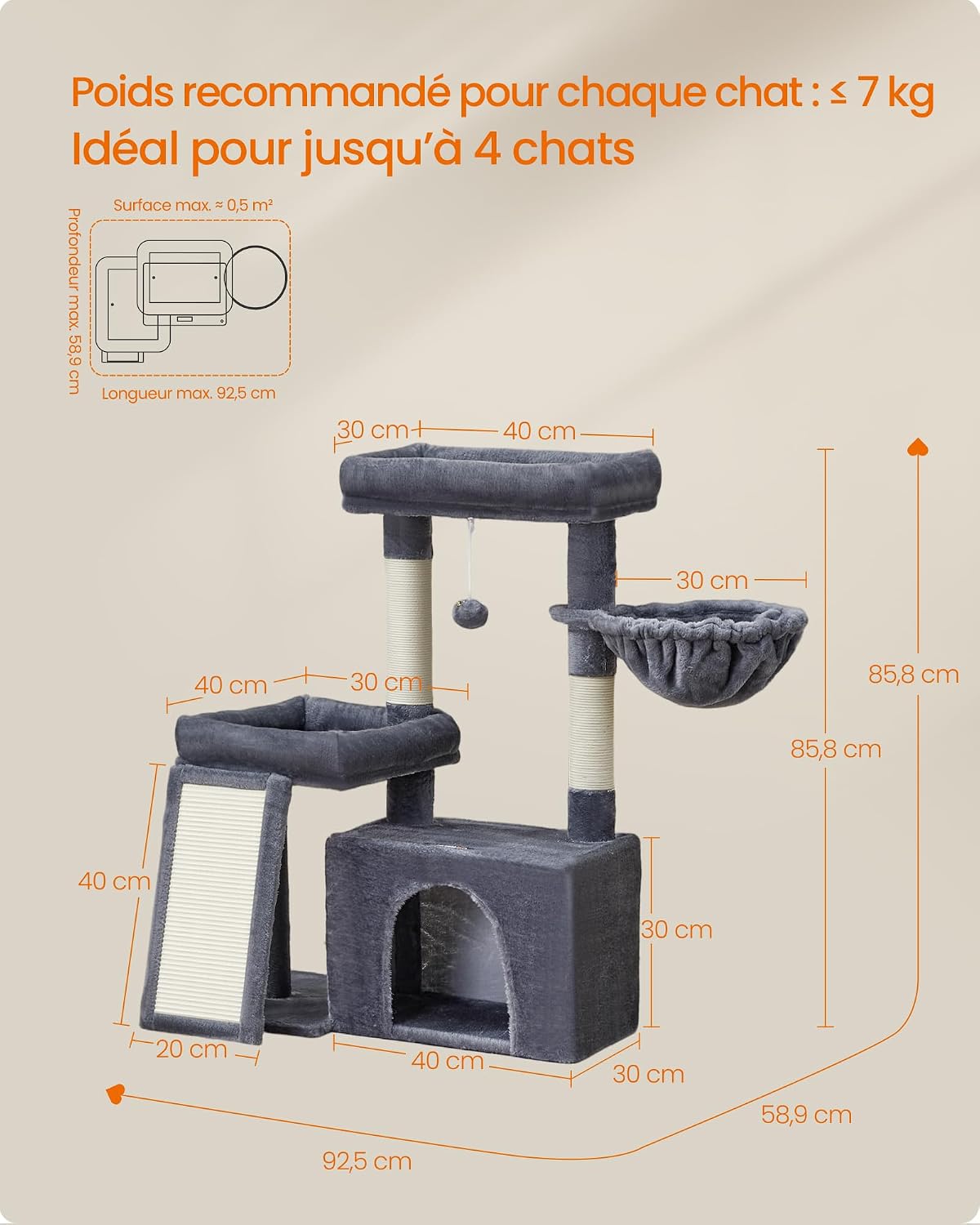 Detalle de FEANDREA PCT013GS01 krabpaal met ligplekken, schuilhuisje en sisal