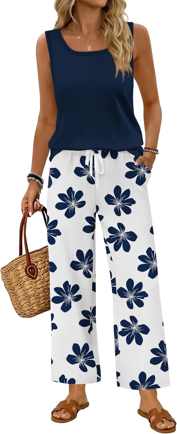 Detalle de WIHOLL Women's Two-Piece Set: Sleeveless Tank + Wide-Leg Printed Pants