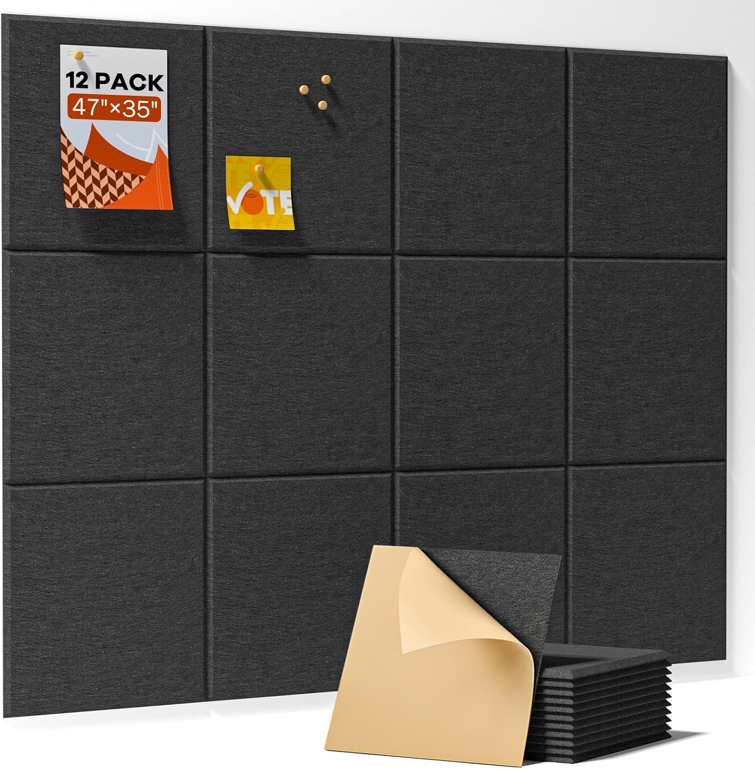 Soundsbay Large Cork Board Felt Wall Tiles (120x90cm), Self-Adhesive Pin Board Tiles – 12 Pack