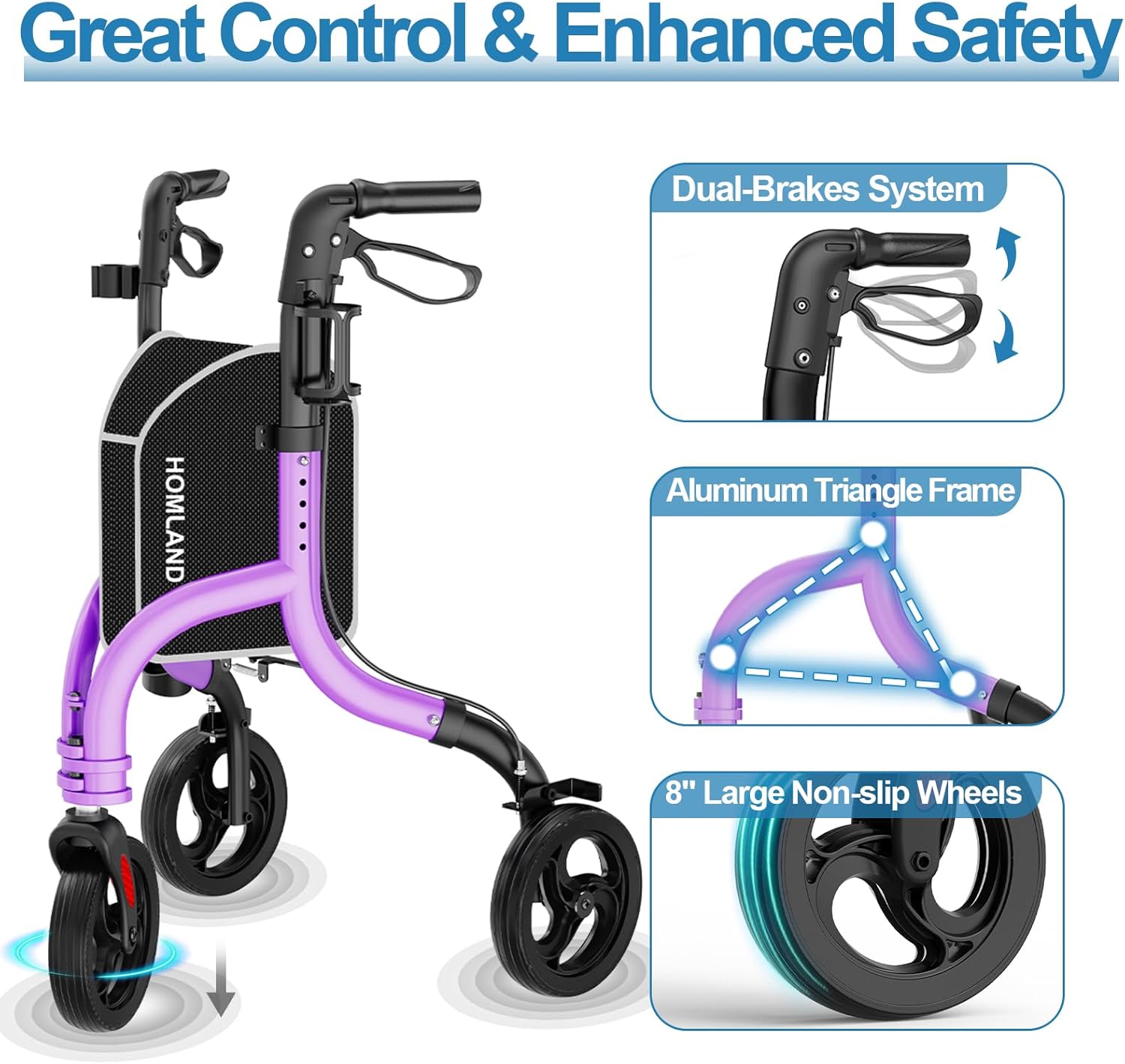Detalle de HOMLAND 3 Wheel Walkers for Seniors: Foldable Rollator with Cane & Cup Holders