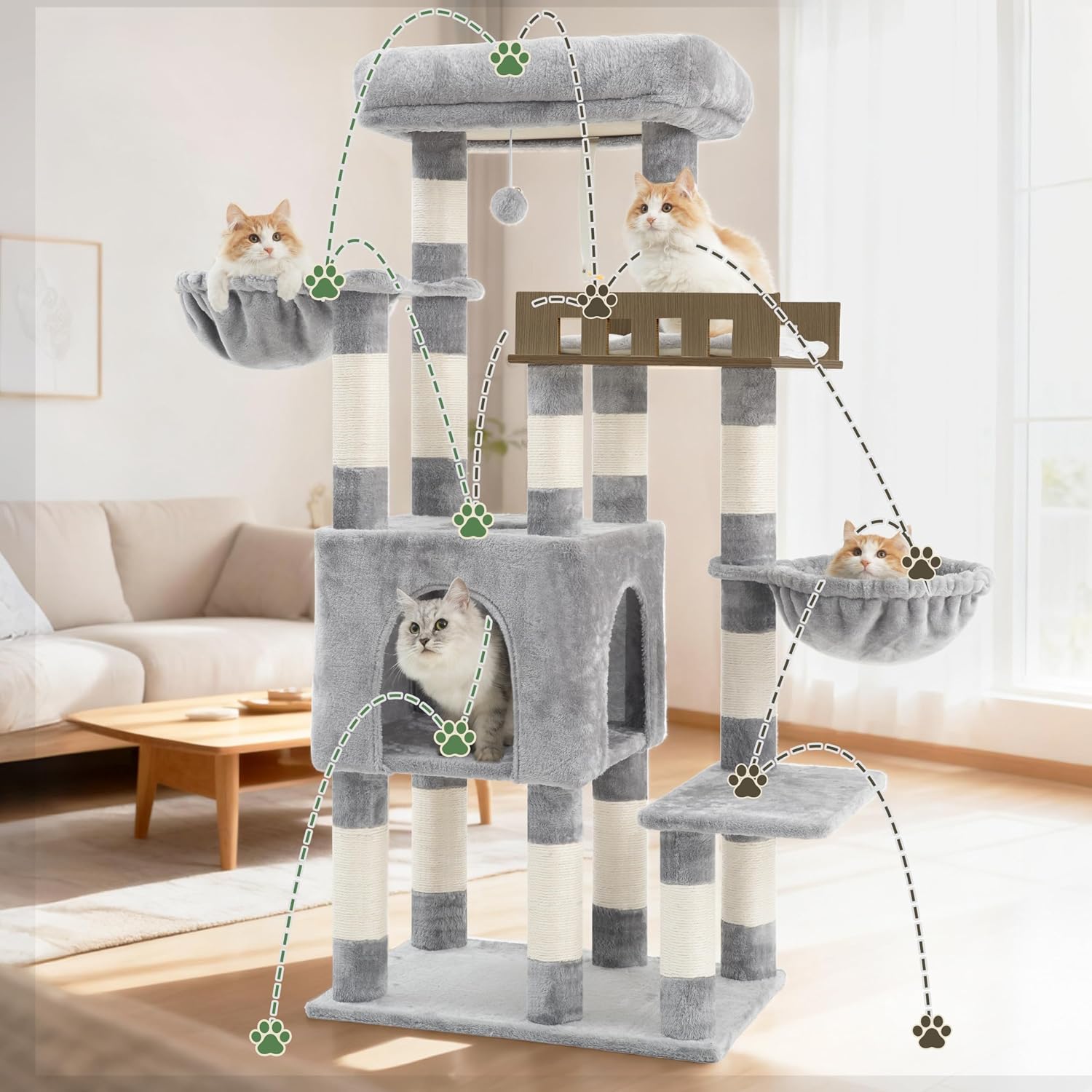 Thumbnail 6 de Gitelsnour Groß Kratzbaum für den Innenbereich – stabiler Katzenbaum mit großen Plattformen, Höhle und Hängematte