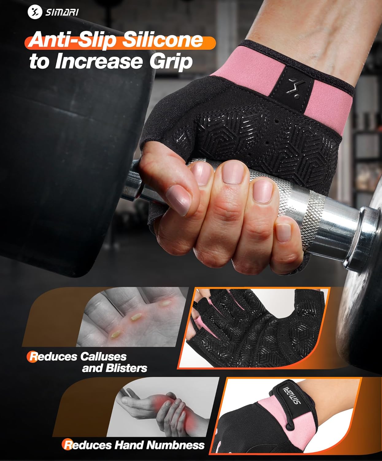 Detalle de SIMARI Breathable Workout Gloves for Men & Women (Full Palm Protection, Anti-Slip), Black/Pink