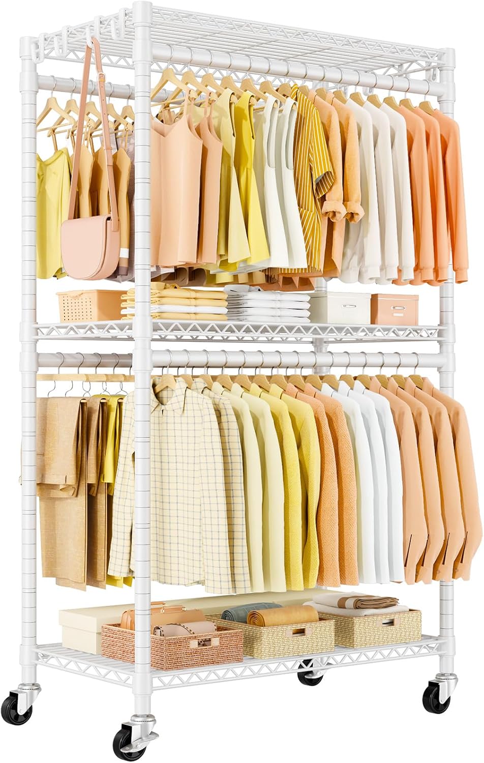 Detalle de ULIFHOME P5 Rolling Clothes Rack with Double Rods, 3-Tier Shelves and Wheels
